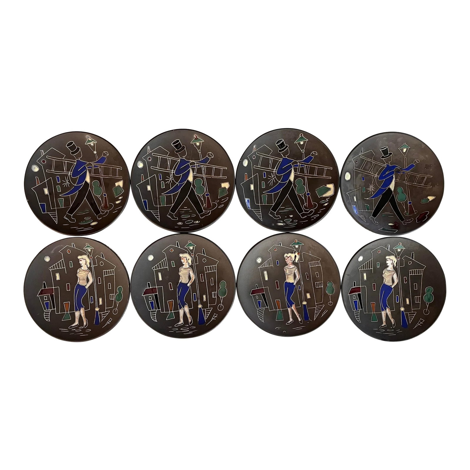 Set of 8 Mid Century Norwegian Pottery Plates by Arnold Wiigs Fabrikker: Mid century modern Arnold Wings Fabrikker (AWF) set of 8 plates made in Norway. 4 plates feature a man in top hat walking the streets with a ladder (chimney sweep?) and city buildings and street lamp