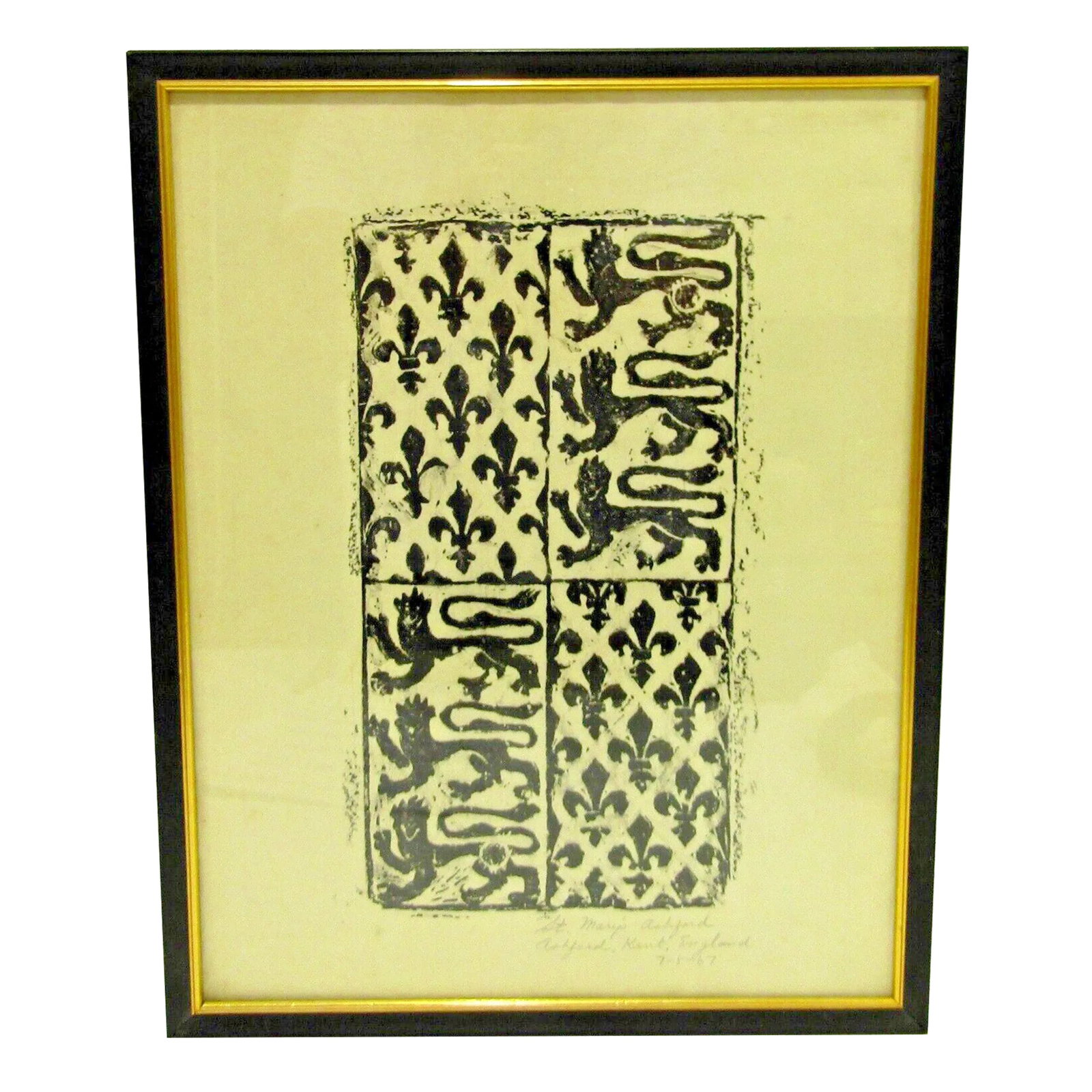 1967 St. Mary of Ashford Church Kent England Dragon Fleur De Lis Brass Rubbing: Framed 1967 St. Mary of Ashford Church Kent England Dragon and Fleur de lis Brass Rubbing Measures 11" wide, 1/2" deep and 14" tall. Condition: Alterations: Original Condition Unaltered