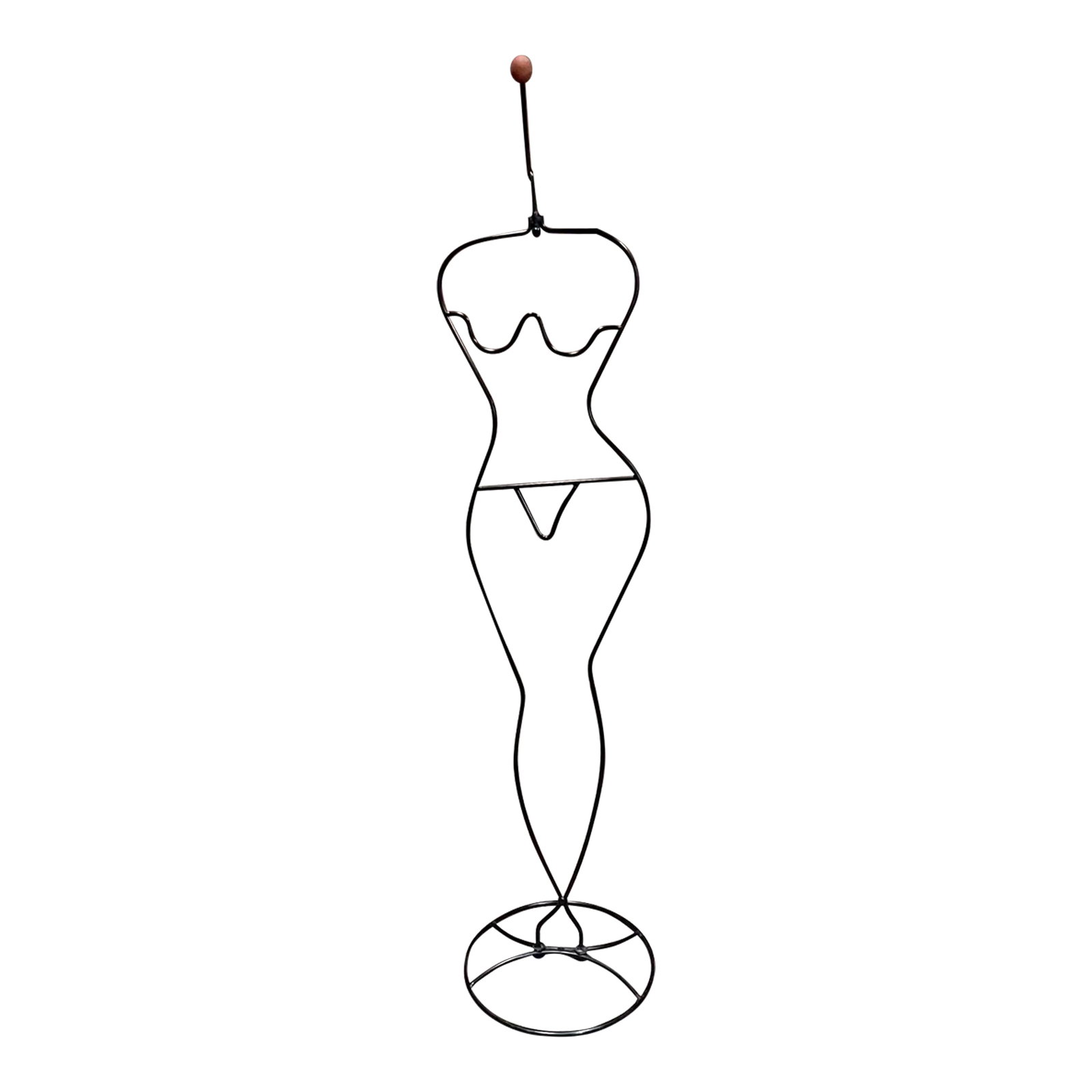 1980s Post-Modern Female Valet Tubular Metal Art Häpen Ehlén Johansson Ikea Sweden: For your consideration, a 1980s modern nude valet Häpen by Ehlén Johansson Sweden Ikea. Tubular metal art wire frame with wooden-ball top. In the style of John Risley wrought iron metal