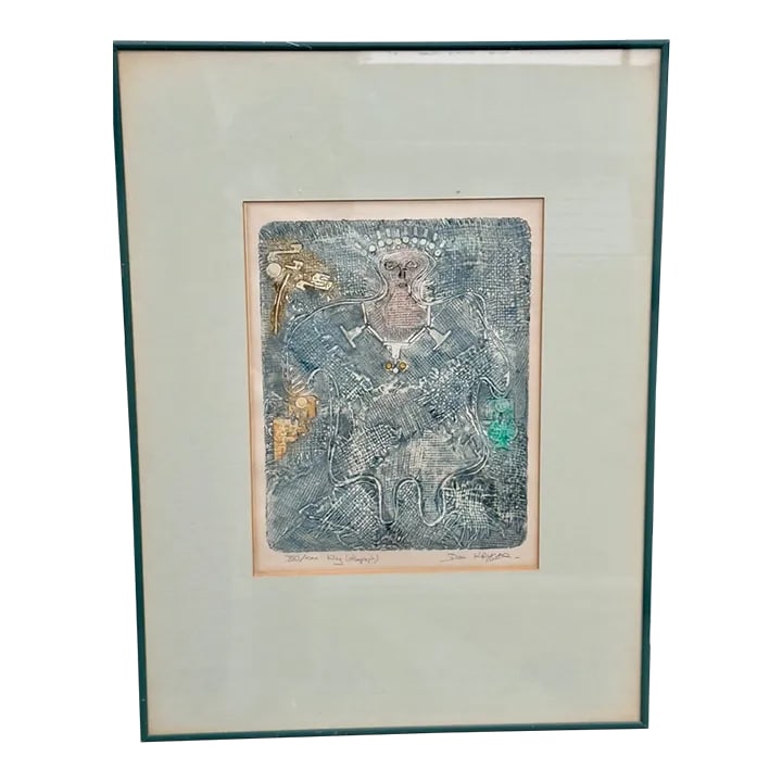 Late 20th Century Dan Kryger Color Lithograph "King": Dan Kryger's "King" Color Lithograph/Rollograph. This masterpiece, a striking fusion of artistry, is adorned with an amorphous figure intertwined with abstract elements. The artist's signature in