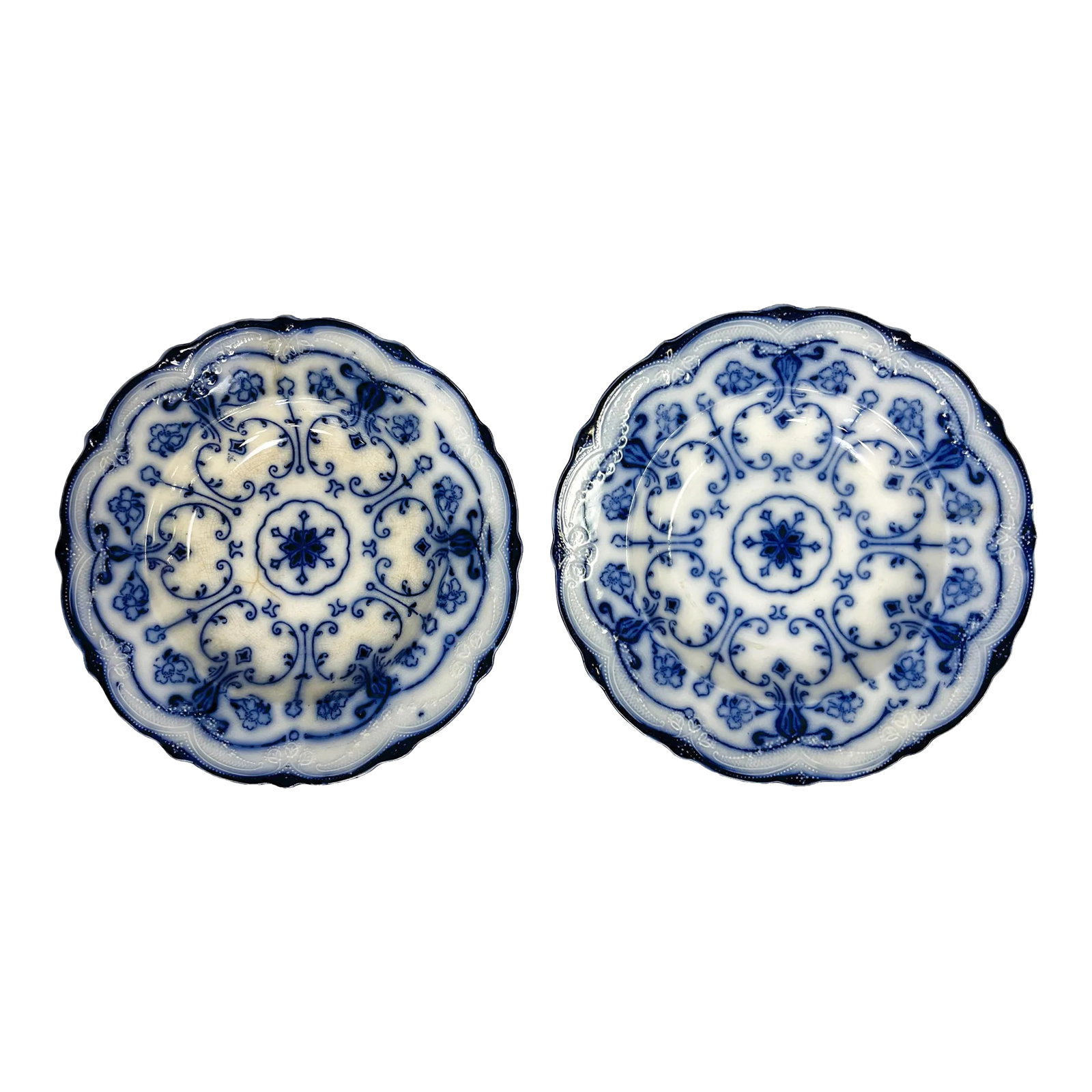 Antique Late 1800's English New Wharf Conway Serving Bowls- a Pair: Elegant pair of antique English porcelain bowls from the late 1800's. Each is stamped on the back and reads 'Conway Semi Porcelain New Wharf Pottery England.' They are painted in floral and scroll