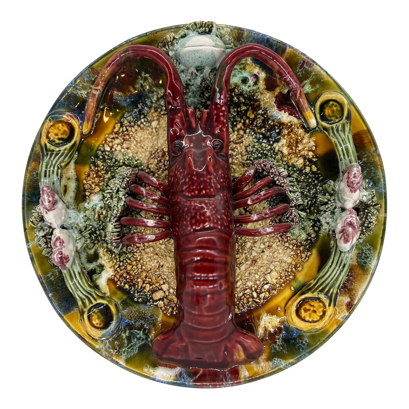 Vintage Palissy Majolica Lobster Plate 10": A vintage Palissy ware plate decorated with a central lobster figure which is surrounded by oyster and clam shells protruding from the edges. Condition: Alterations: Original Condition Unaltered