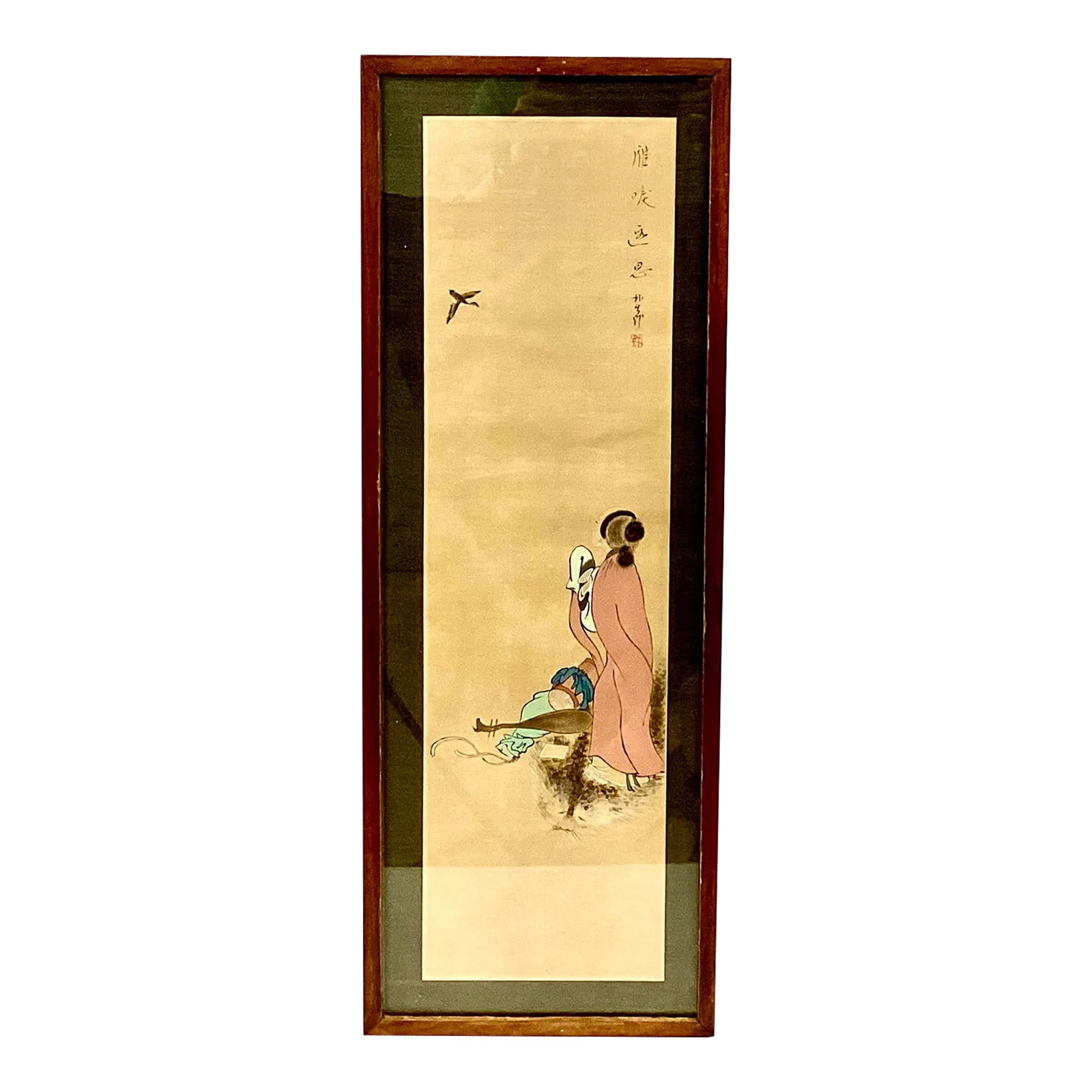 Japanese Silk Painting of Young Girl, Framed: Unique 19th Century painting of a Japanese girl standing atop a large furry mythical creature, with a small bird flying in the left upper corner. Signed in top right corner. Soft earthen colors of