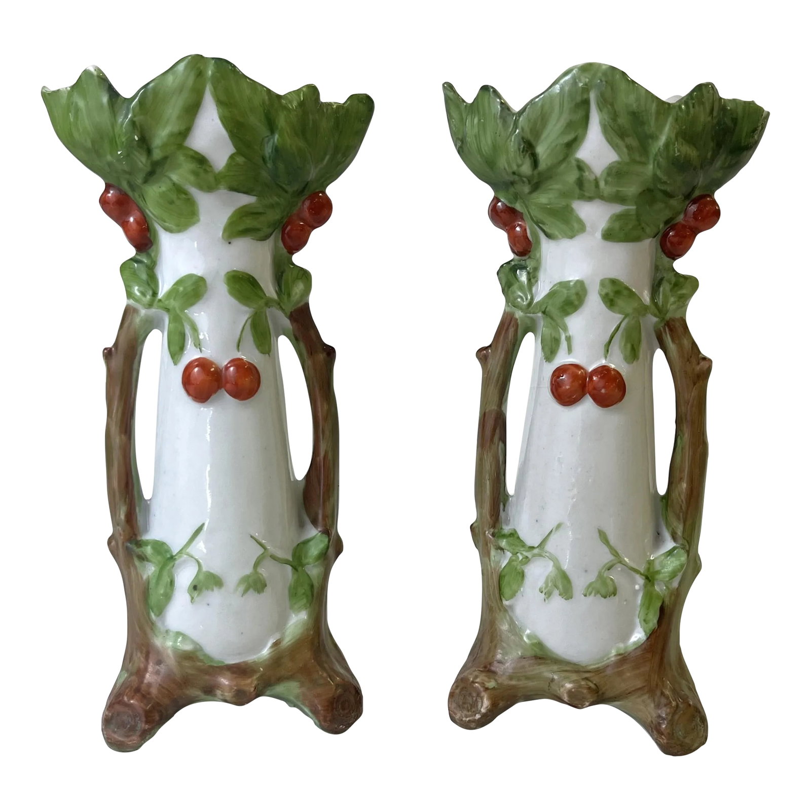 Early 1900's Roycroft Porcelain Style Arts and Crafts Briar Patch Miniature Vases- a Pair: Whimsical pair of Roycroft Porcelain style miniature briar patch vases from the early 1900's. They are hand painted and decorated with an arts and crafts movement feel complete with faux bois