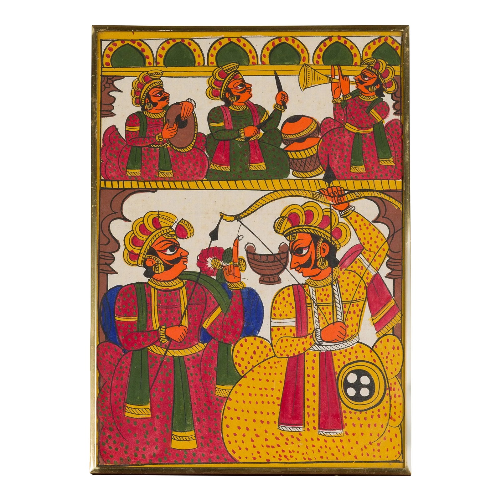 Antique Hand Painted Indian Folk Art Musicians & Archers Painting: An antique Indian hand-painted folk art painting depicting musicians and archers in a brass custom frame. Step into a vibrant world of rhythm and archery with this antique Indian hand-painted folk