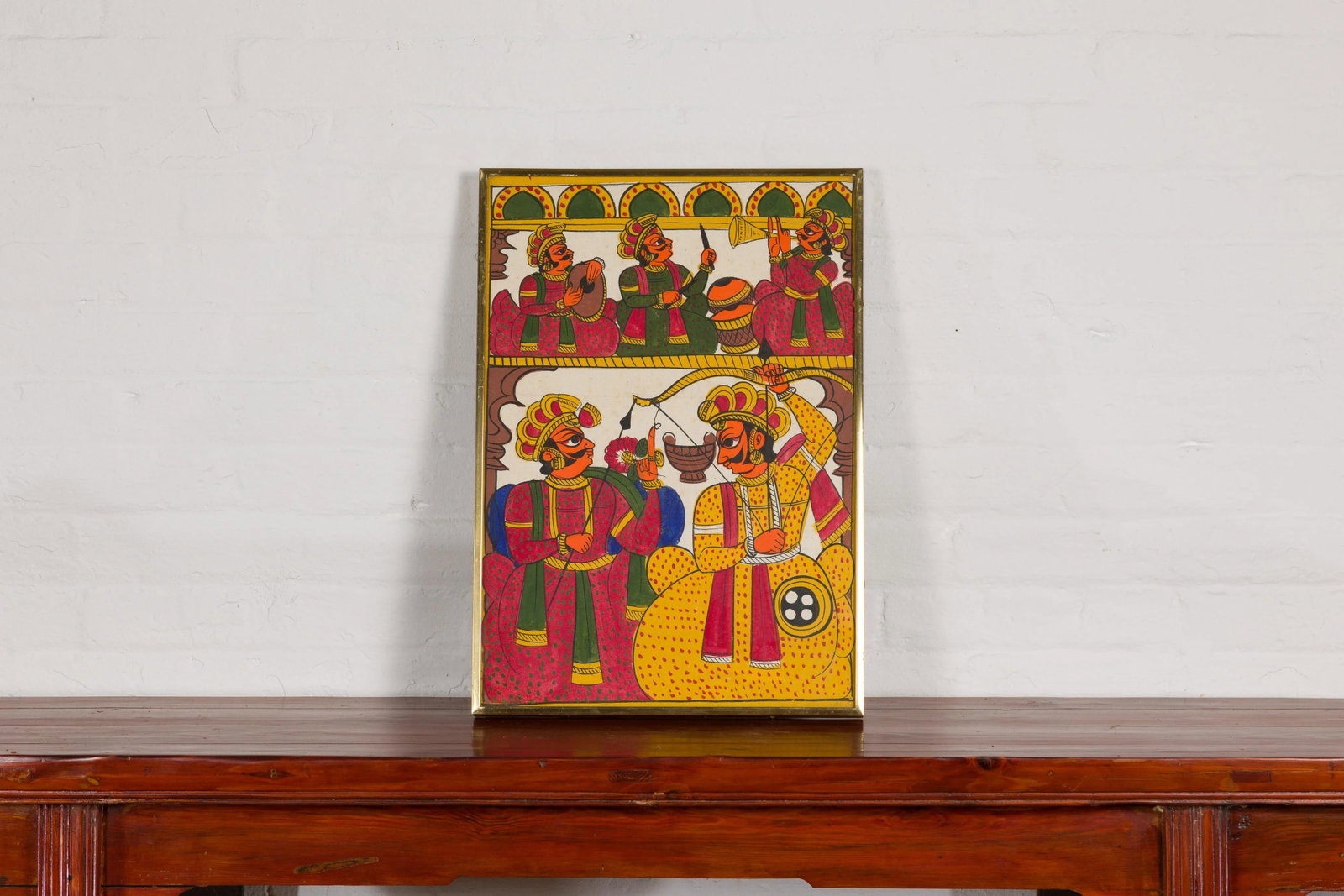 Antique Hand Painted Indian Folk Art Musicians & Archers Painting - 5