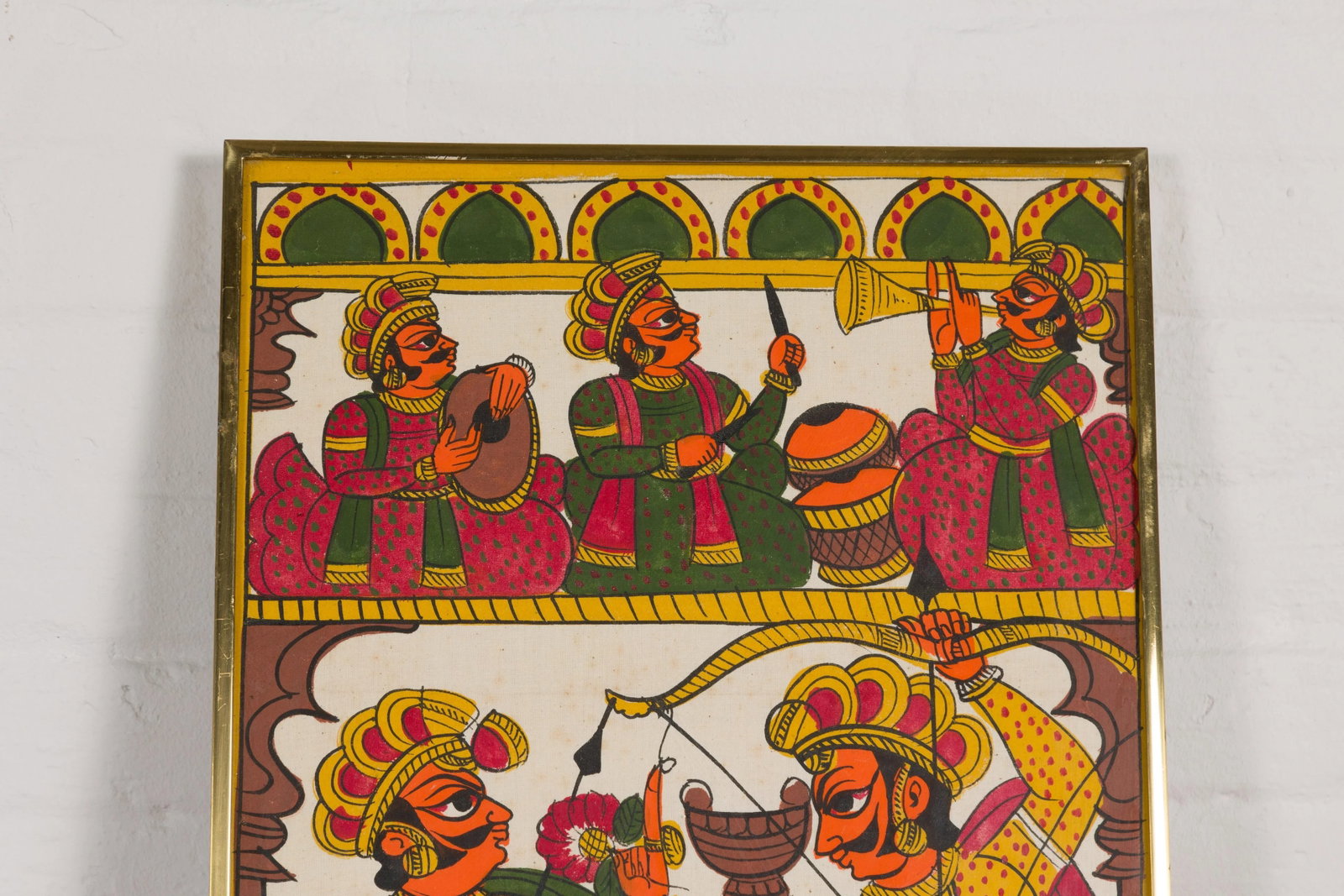 Antique Hand Painted Indian Folk Art Musicians & Archers Painting - 6