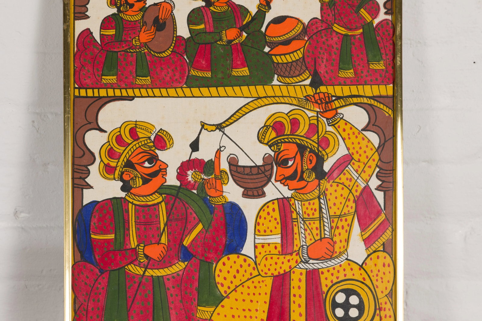 Antique Hand Painted Indian Folk Art Musicians & Archers Painting - 7
