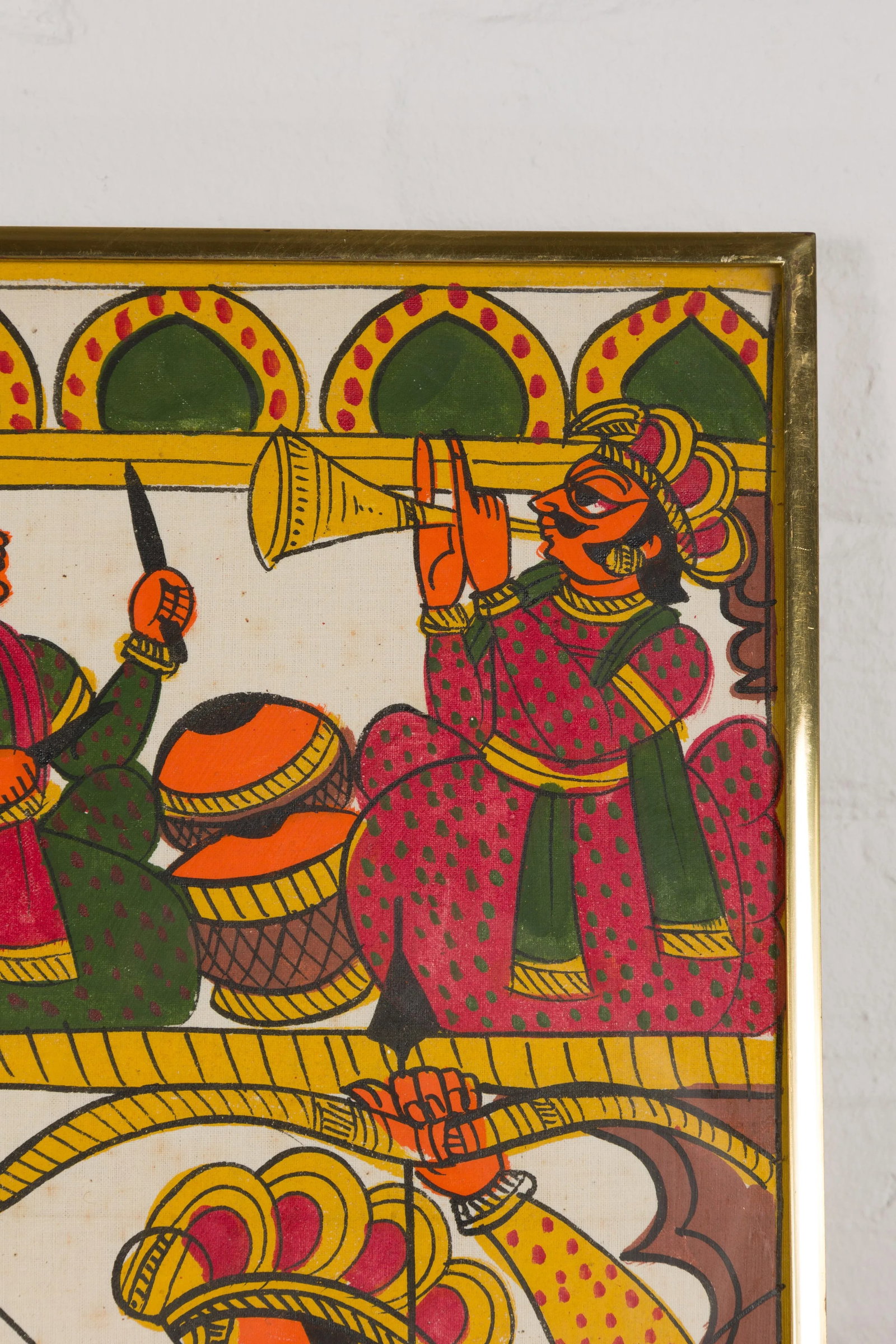 Antique Hand Painted Indian Folk Art Musicians & Archers Painting - 9