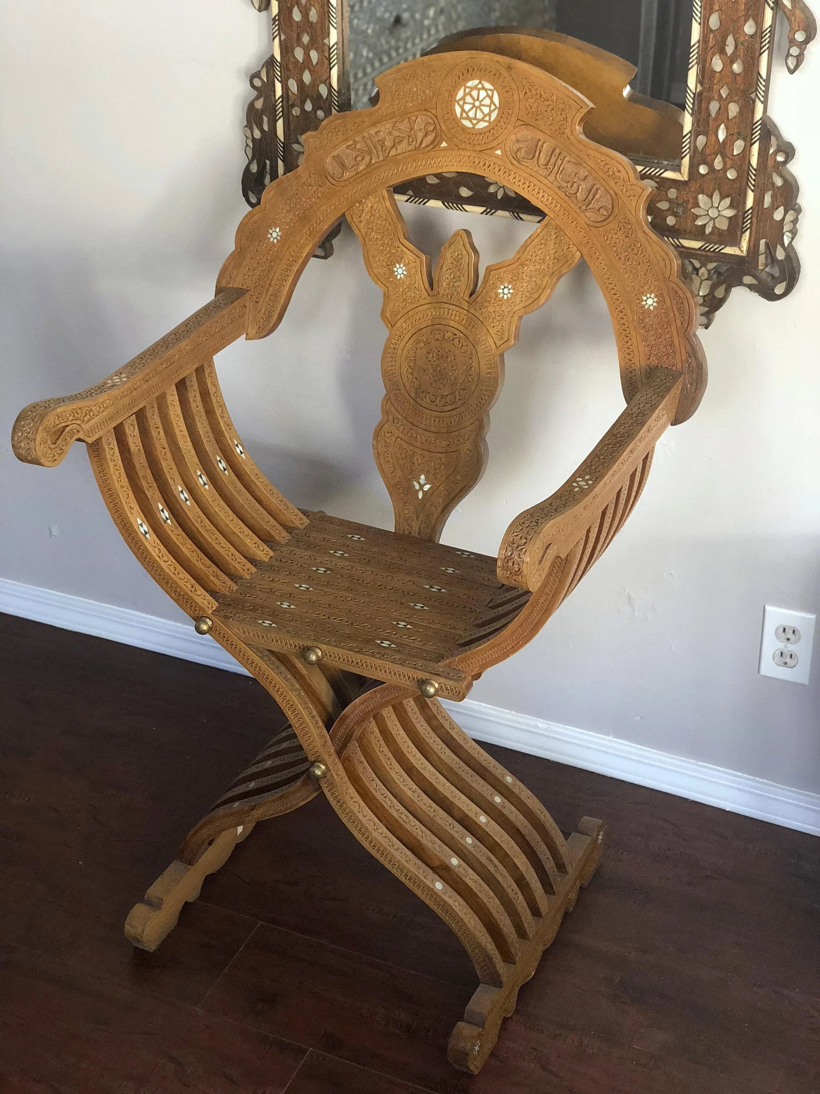 20th Century Moroccan Hand Carved Mother of Pearl Inlay Folding Chair - 2