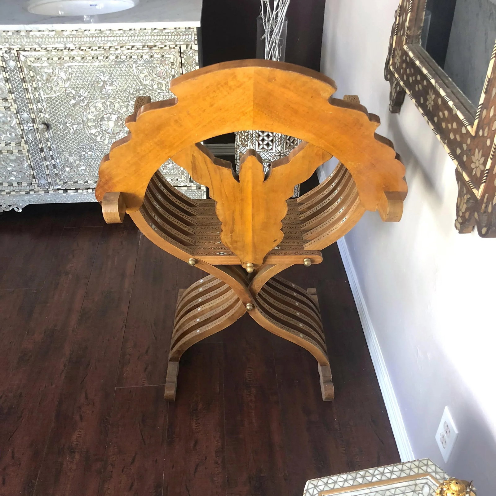 20th Century Moroccan Hand Carved Mother of Pearl Inlay Folding Chair - 4