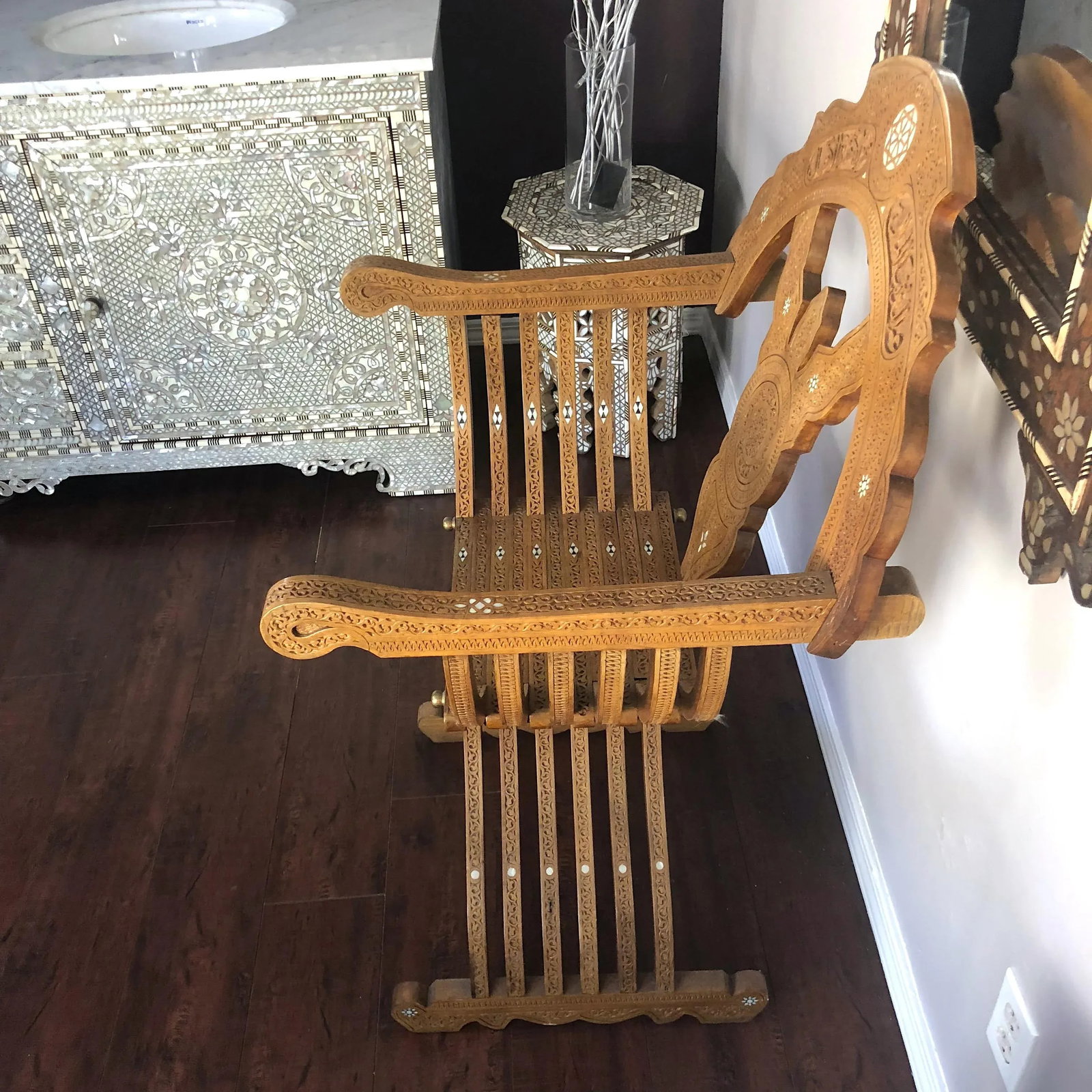 20th Century Moroccan Hand Carved Mother of Pearl Inlay Folding Chair - 5