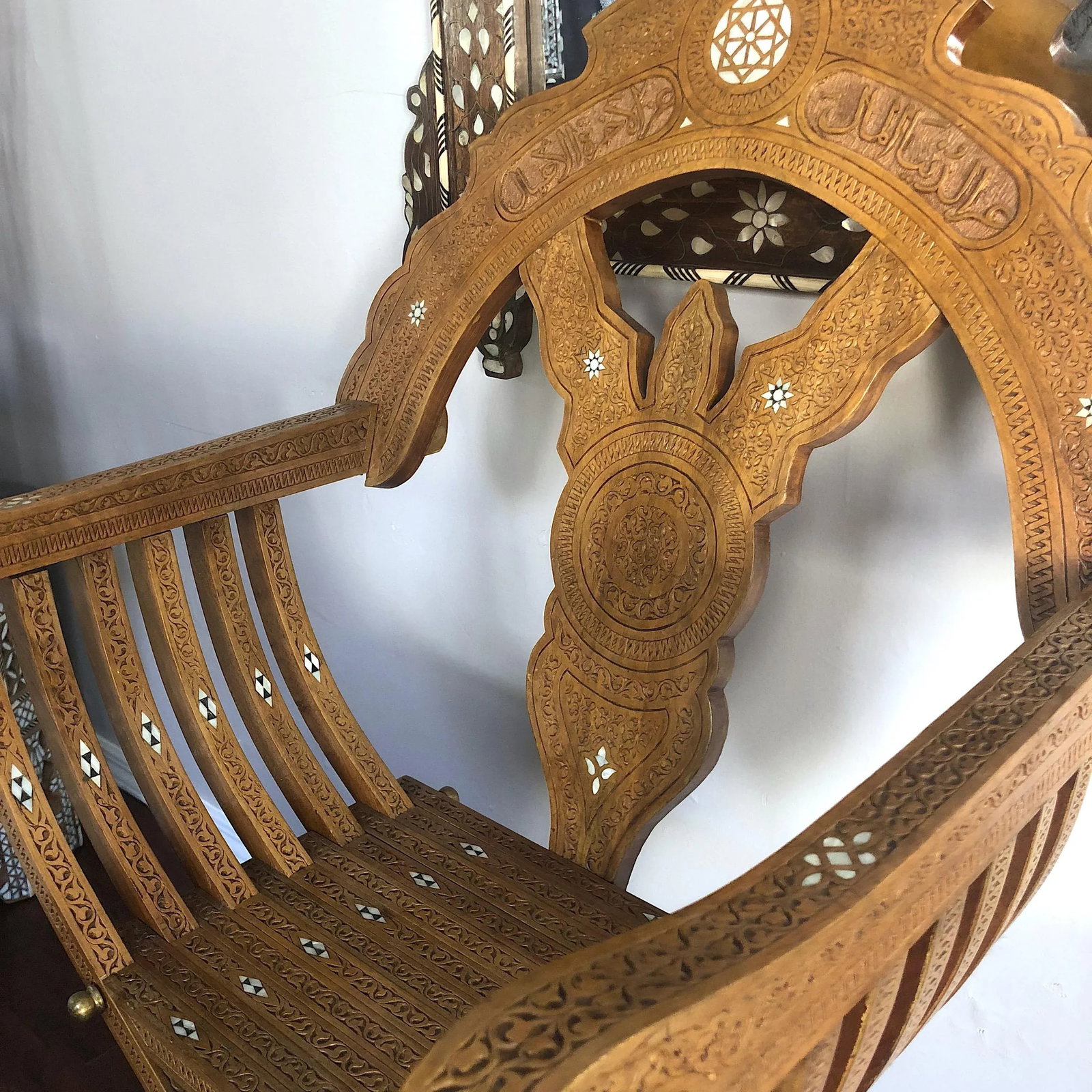 20th Century Moroccan Hand Carved Mother of Pearl Inlay Folding Chair - 6