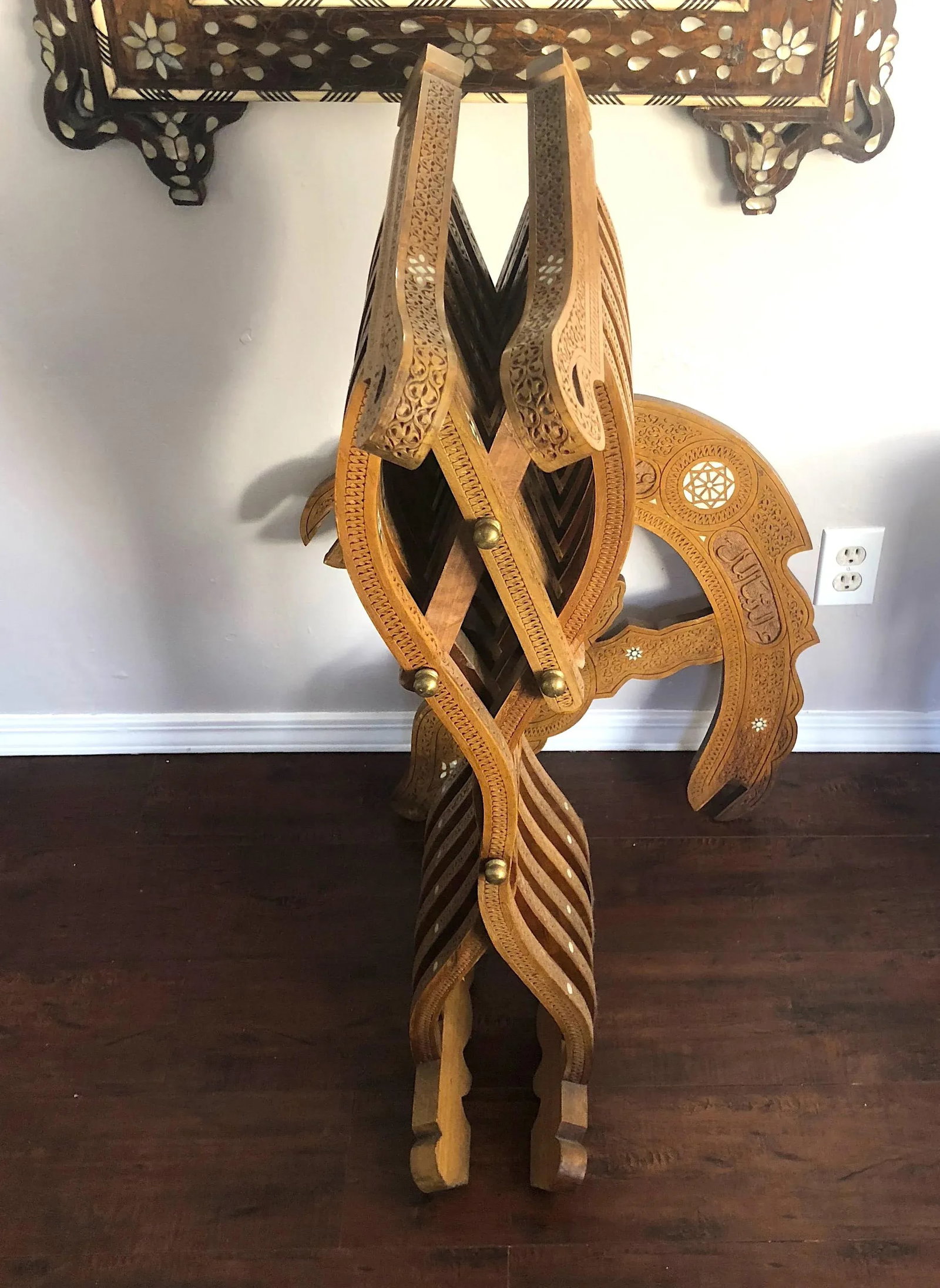20th Century Moroccan Hand Carved Mother of Pearl Inlay Folding Chair - 9