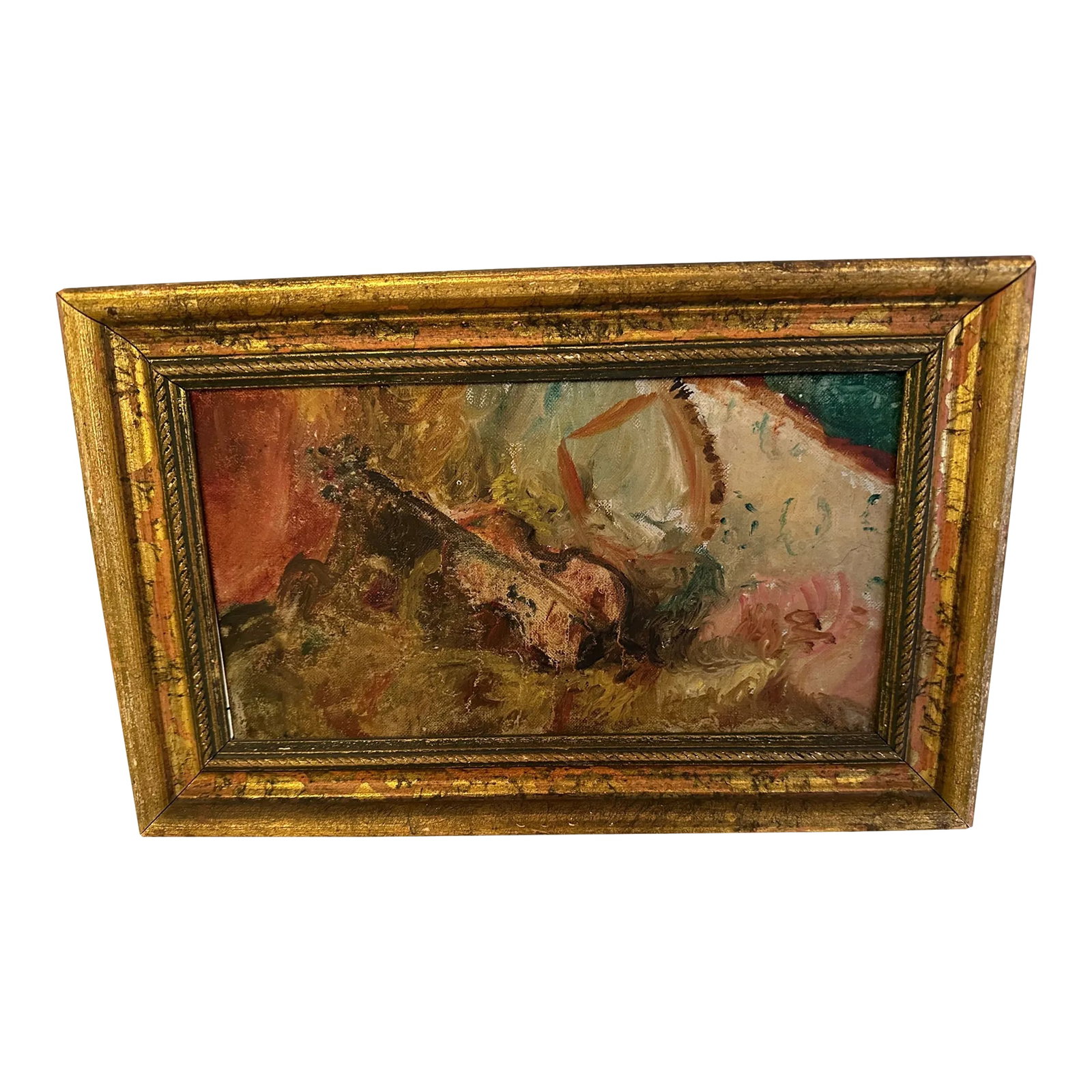 Antique Original Oil Still Life of Violin: A shimmering jewel like antique oil painting of small size but powerful effect with still life composition of a violin in an amorphous setting. Gorgeous unexpected colors including pinks. Pretty