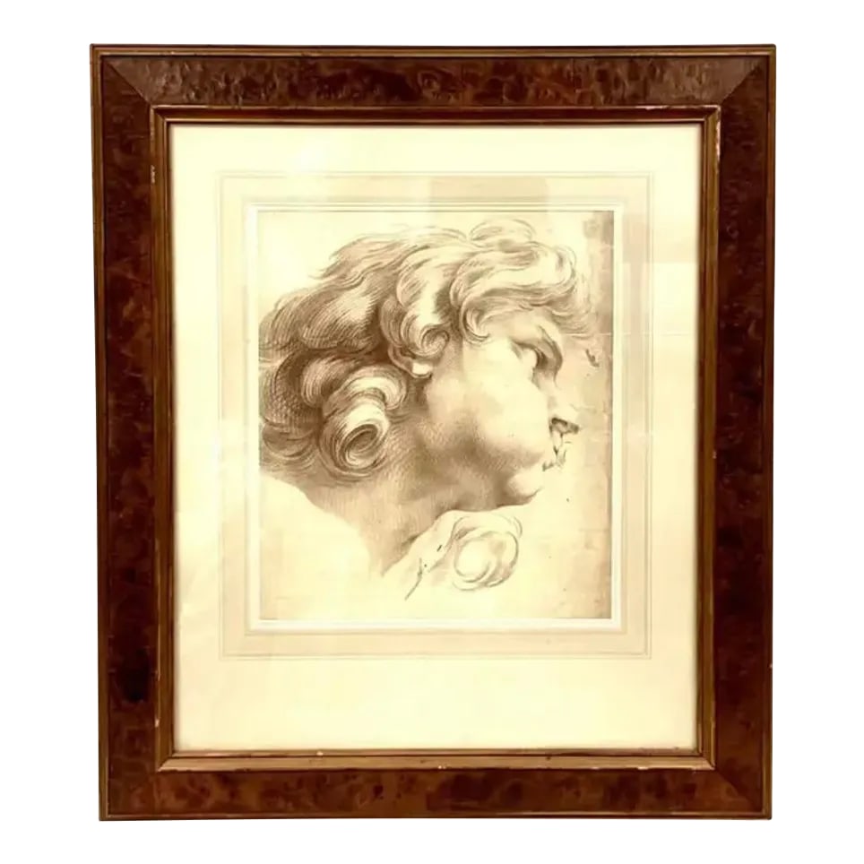 Cecilio Pizarro Figura Clasica Print: 19th Century Cecilio Pizarro (1825-18860 Figura Clasica (Classic Figure) Print. Print is a head shot in profile in soft muted colors of cream and brown. Matted and framed in gold and brown frame.