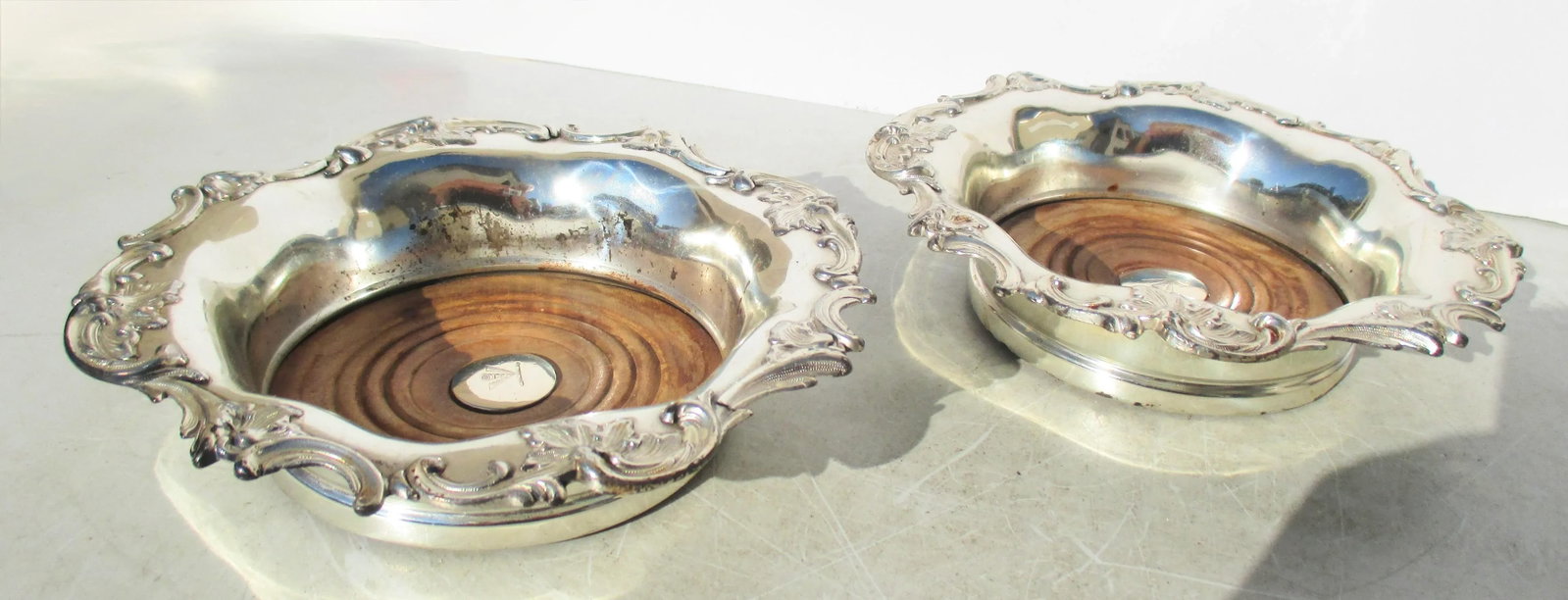 Antique Pair of Wine Coasters Late 19th Silver Plate -A Pair of 2 - 2