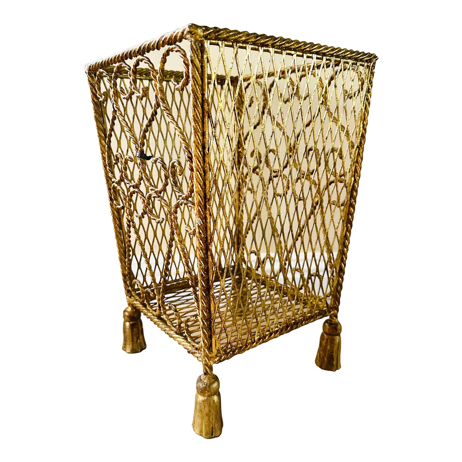 Italian Hollywood Regency Gilt Metal Scrolling Iron Tassel Wastebasket (1 of 7)
