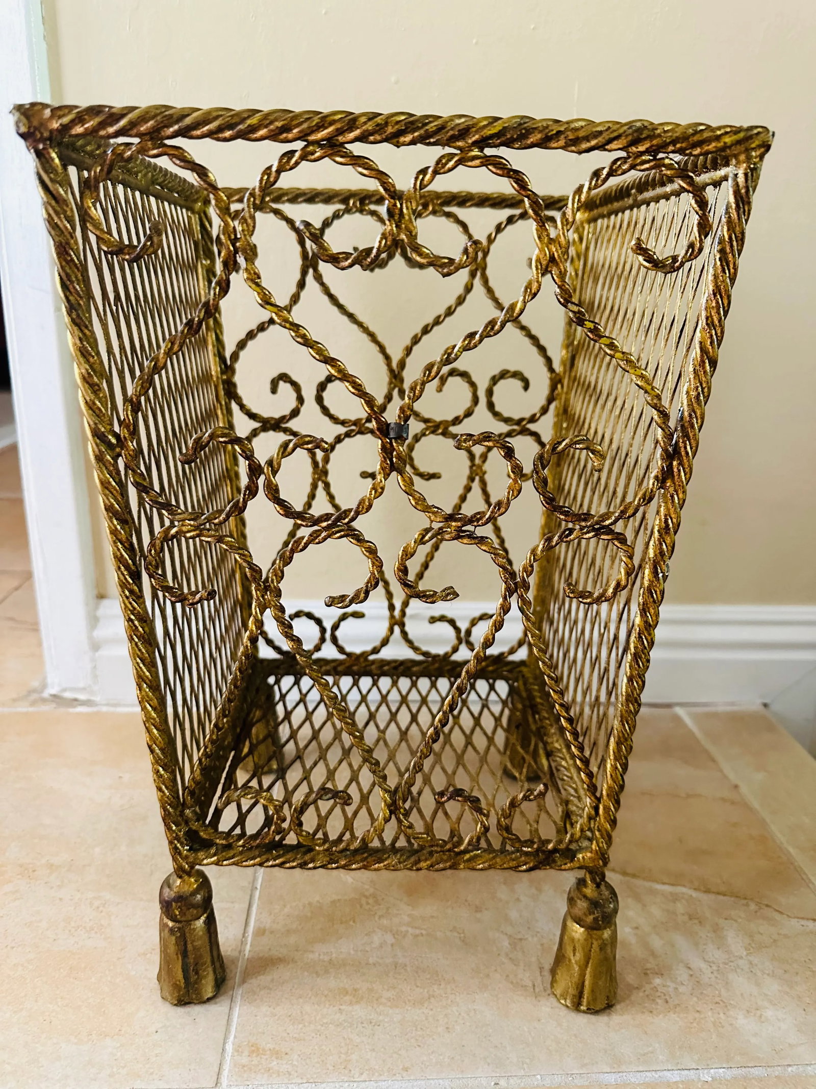 Italian Hollywood Regency Gilt Metal Scrolling Iron Tassel Wastebasket - 2