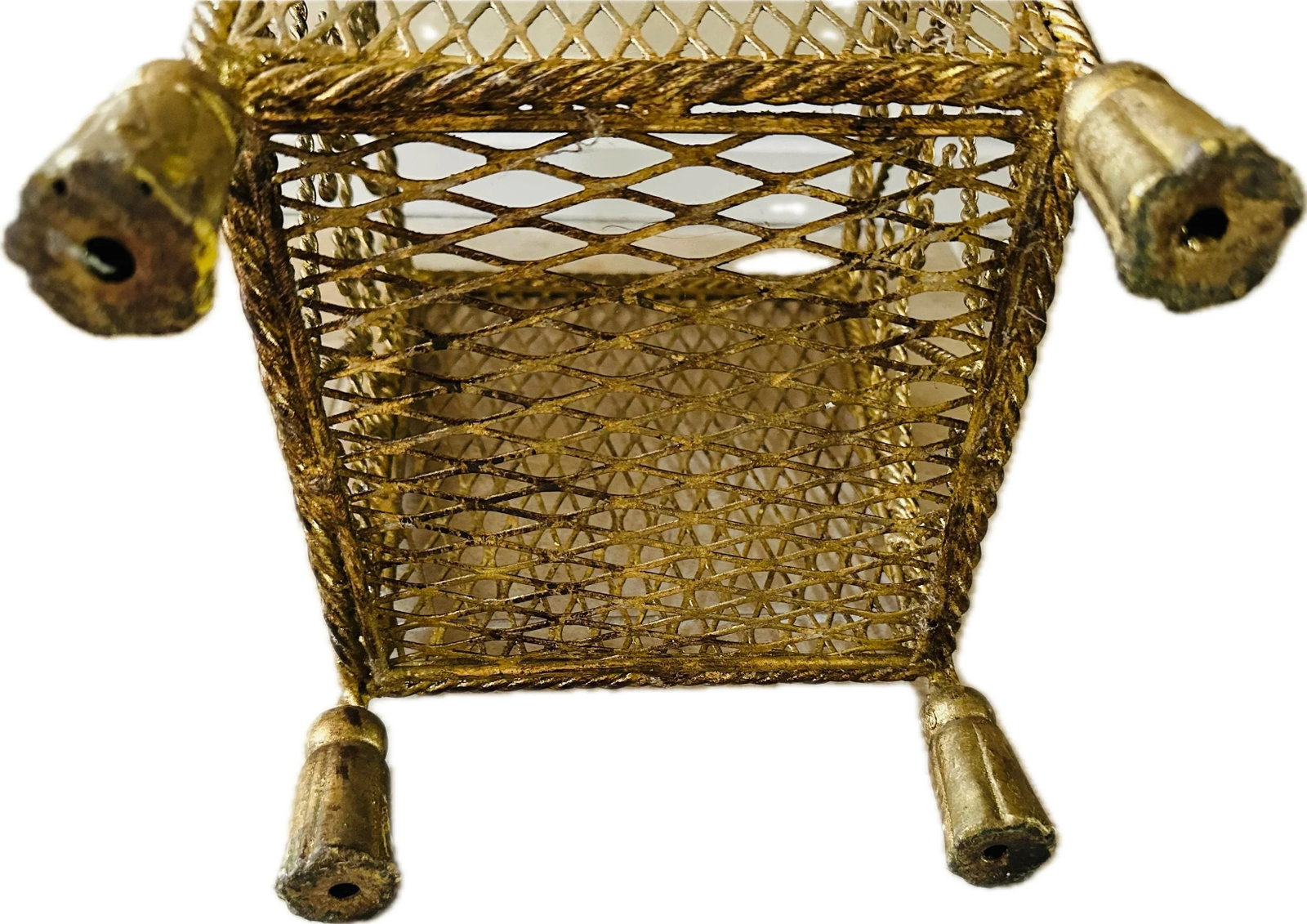 Italian Hollywood Regency Gilt Metal Scrolling Iron Tassel Wastebasket - 3