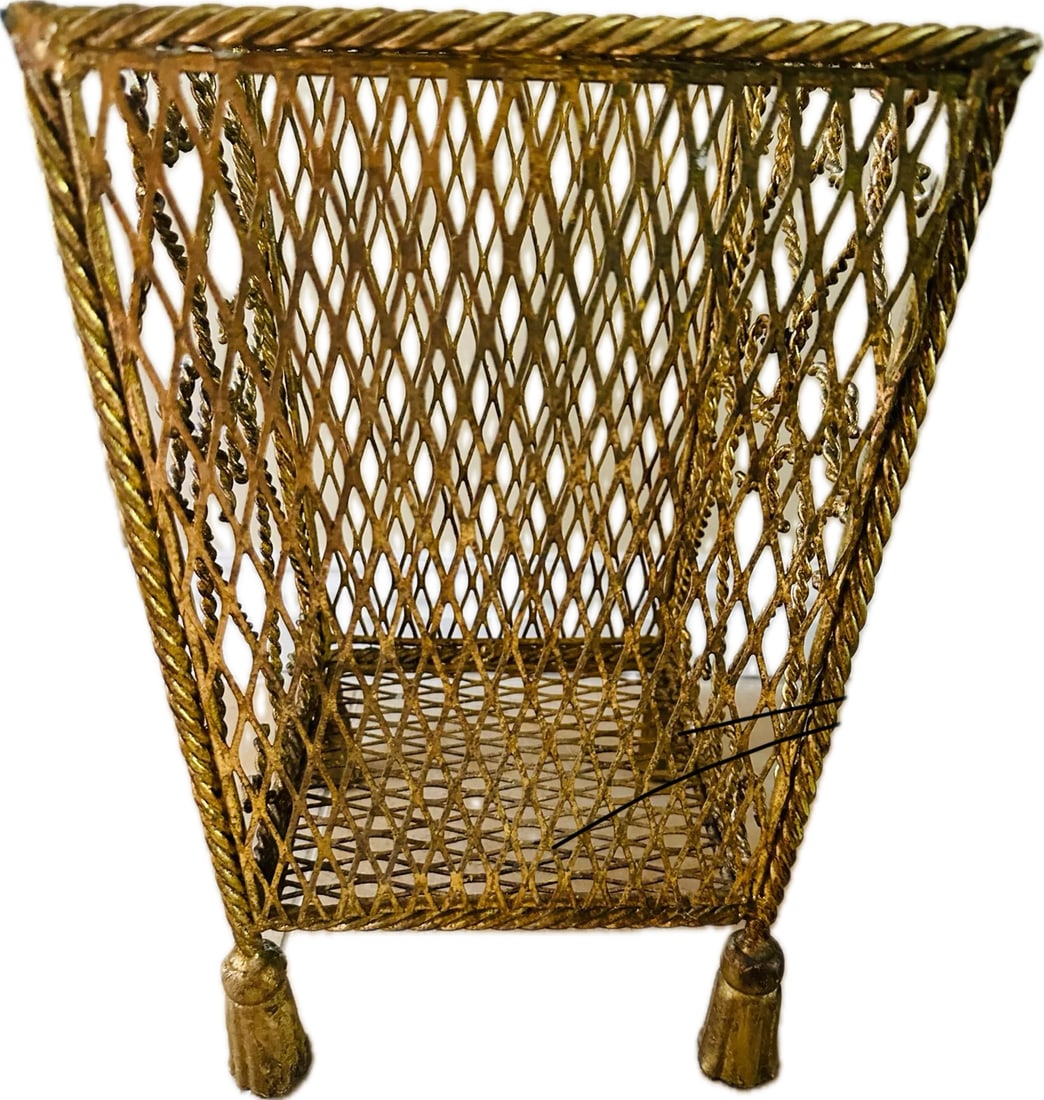Italian Hollywood Regency Gilt Metal Scrolling Iron Tassel Wastebasket - 4