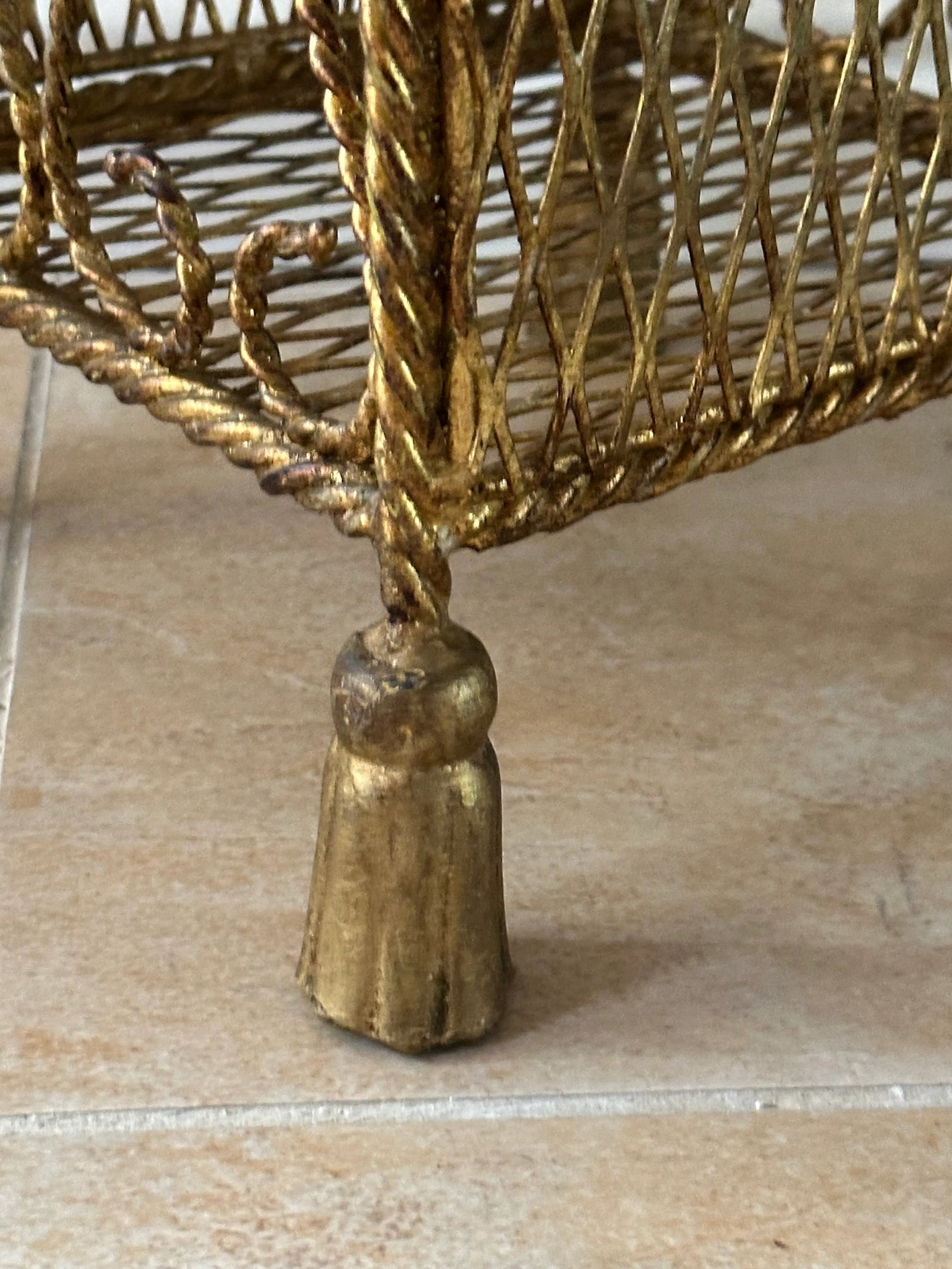 Italian Hollywood Regency Gilt Metal Scrolling Iron Tassel Wastebasket - 6