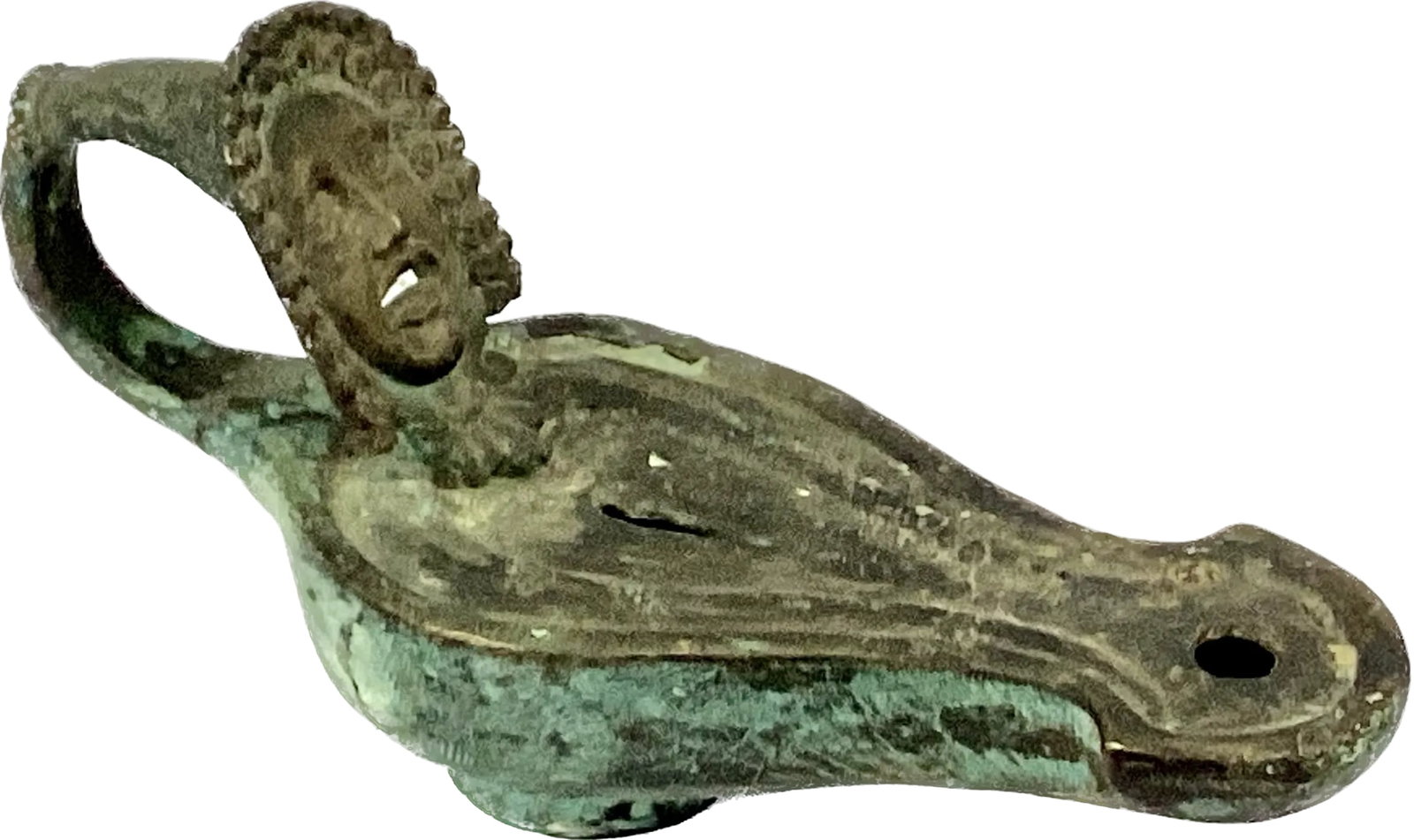 Roman Bronze Oil Lamp With Theatrical Mask Handle - 3
