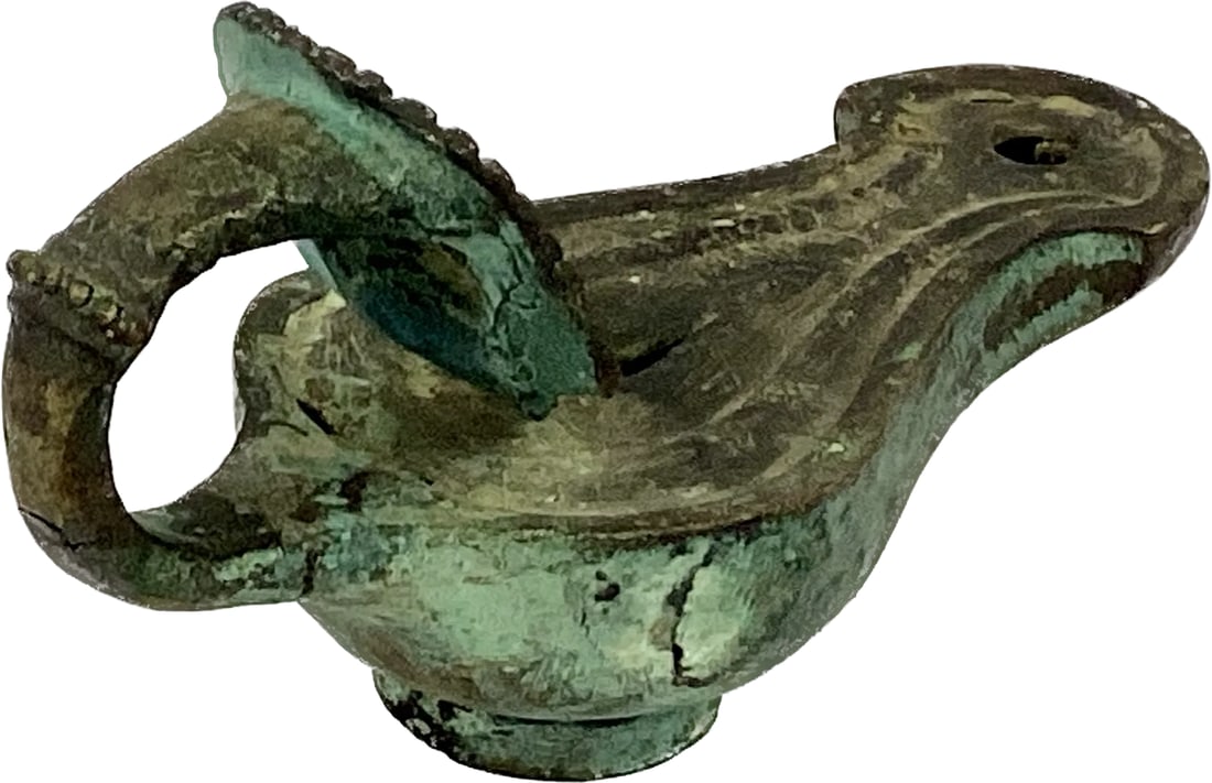 Roman Bronze Oil Lamp With Theatrical Mask Handle - 4