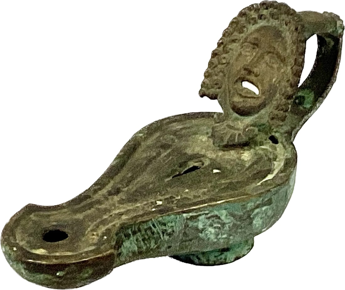 Roman Bronze Oil Lamp With Theatrical Mask Handle - 7