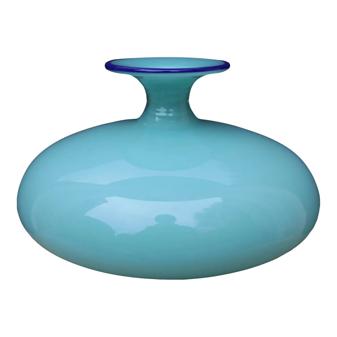 Signed Art Glass Vase in Two Tone Blue C.1970/1990: Well crafted art glass vase having a bulbous form of light ( opaline ) blue, with dark blue highlight at the top lip. Blown glass with polished pontil - signed illegibly on verso. This example is remi