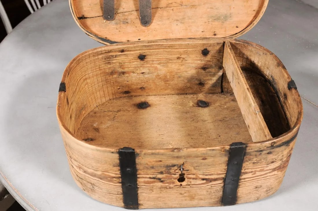 Swedish 1790s Rustic Oval Top Wooden Box with Iron Accents and Distressed Patina - 11