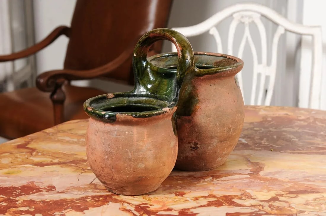19th Century Green Glazed Shepherd's Lunch Holder Pottery with Bowls and Handle - 11