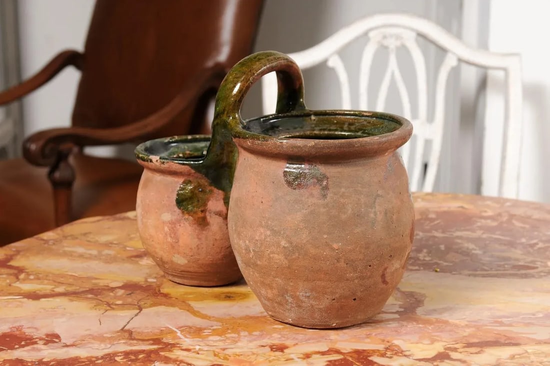 19th Century Green Glazed Shepherd's Lunch Holder Pottery with Bowls and Handle - 9