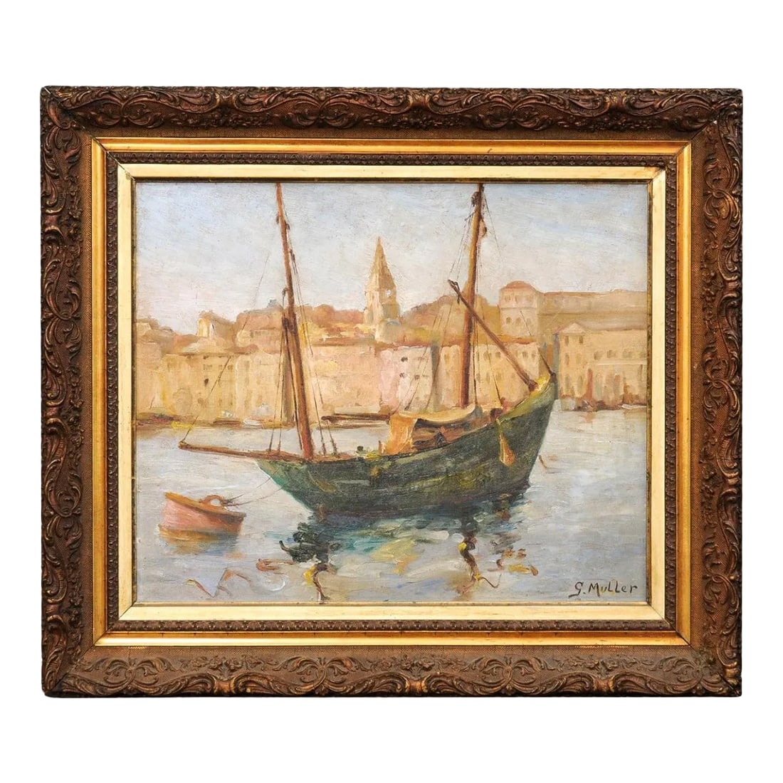 Port de Marseilles, Oil on Isorel Panel Seascape Painting Signed Georges Muller: An oil on panel landscape painting titled "Port De Marseille", signed Georges Muller in carved frame. Introducing "Port De Marseille," a captivating oil-on-panel painting signed by the