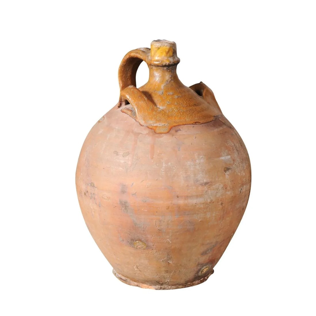 Rustic French 19th Century Pottery Jug with Yellow Glaze and Three Handles - 5