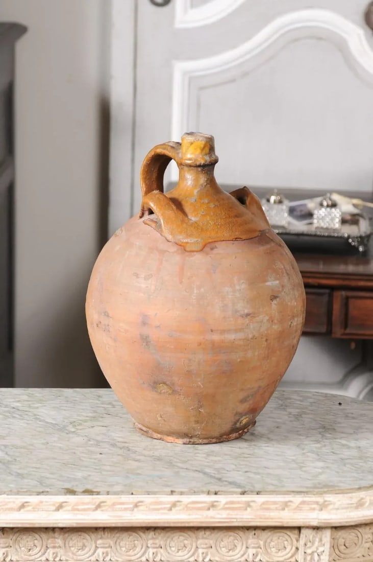 Rustic French 19th Century Pottery Jug with Yellow Glaze and Three Handles - 6