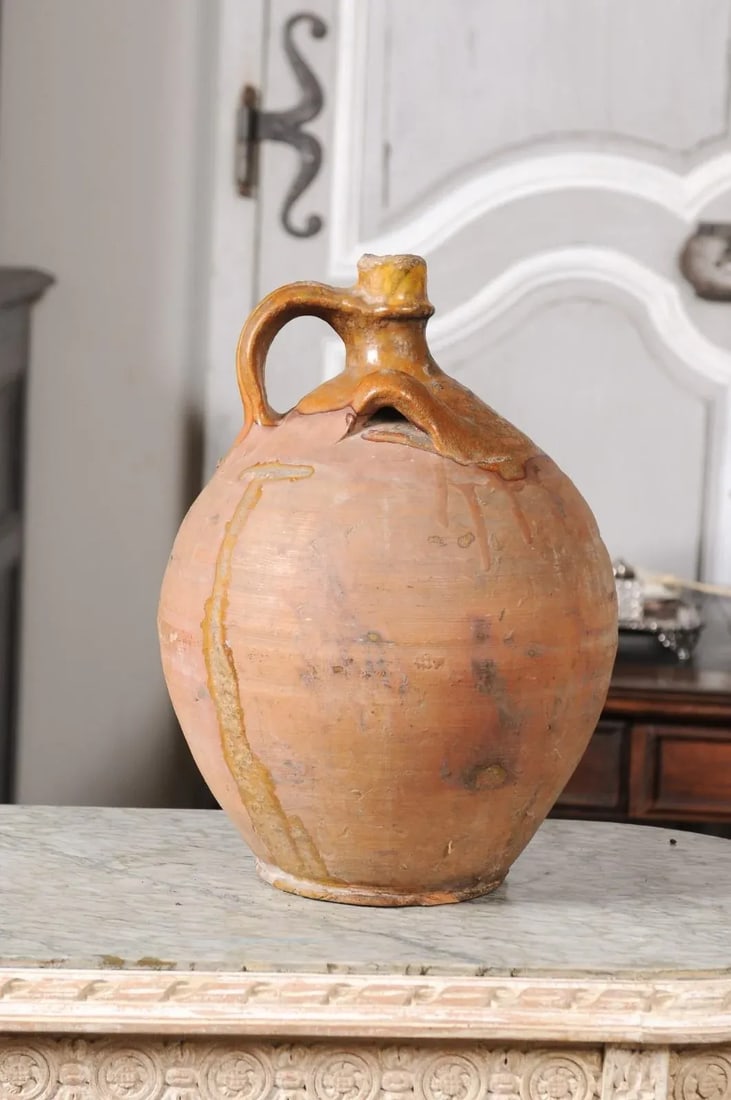 Rustic French 19th Century Pottery Jug with Yellow Glaze and Three Handles - 8