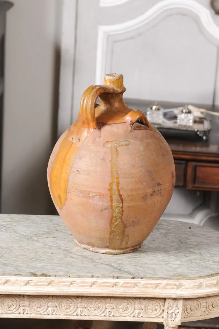 Rustic French 19th Century Pottery Jug with Yellow Glaze and Three Handles - 9