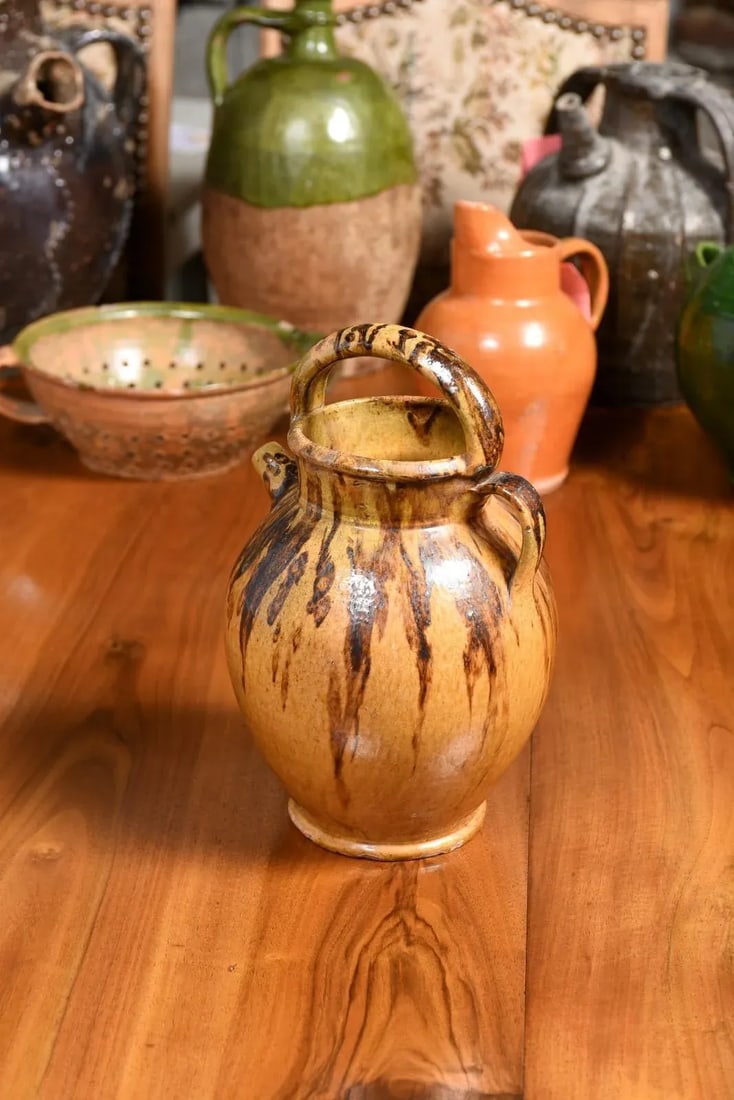 Rustic French 19th Century Olive Oil Pottery Jug with Brown and Mustard Glaze - 11
