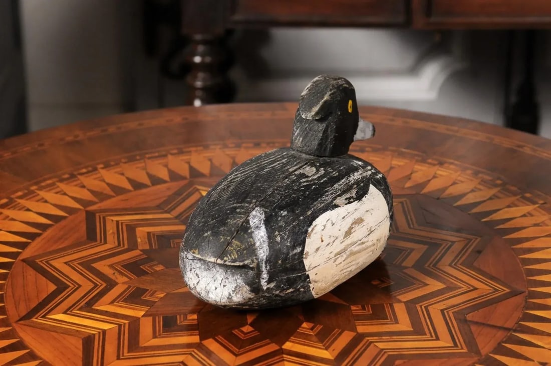 Rustic French 20th Century Carved Wooden Duck with Black, White and Yellow Paint - 10