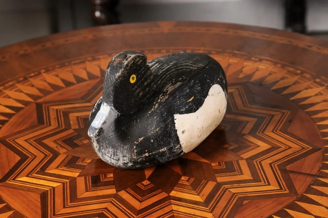 Rustic French 20th Century Carved Wooden Duck with Black, White and Yellow Paint - 4