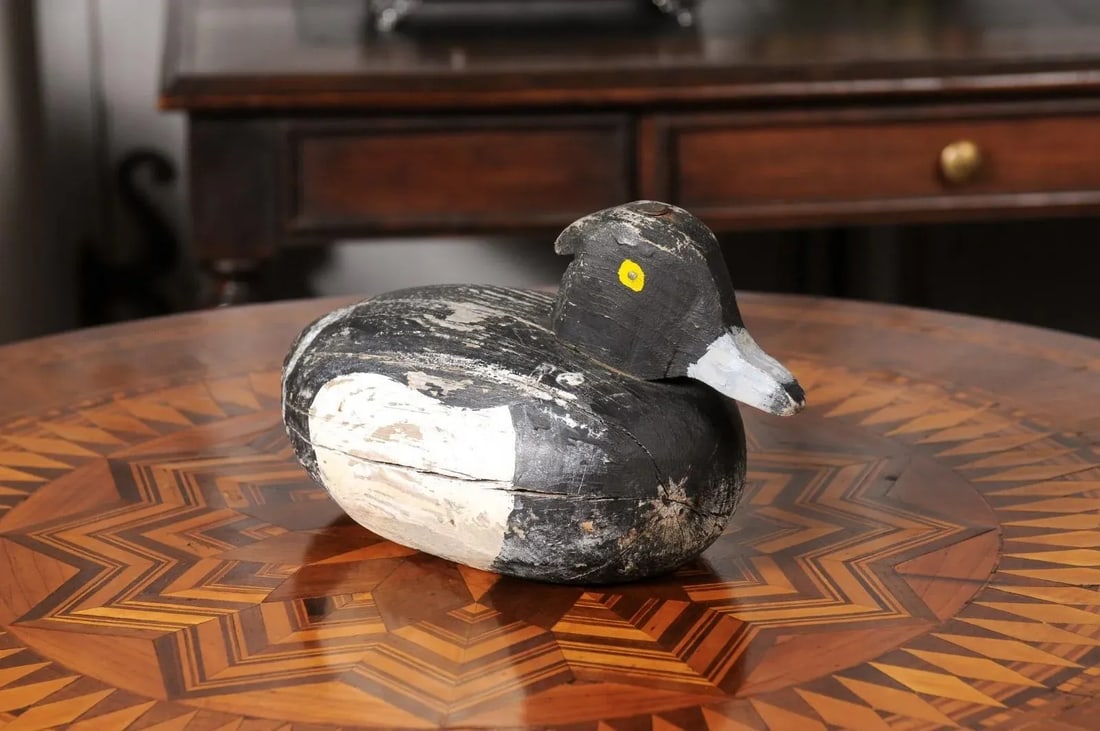 Rustic French 20th Century Carved Wooden Duck with Black, White and Yellow Paint - 6