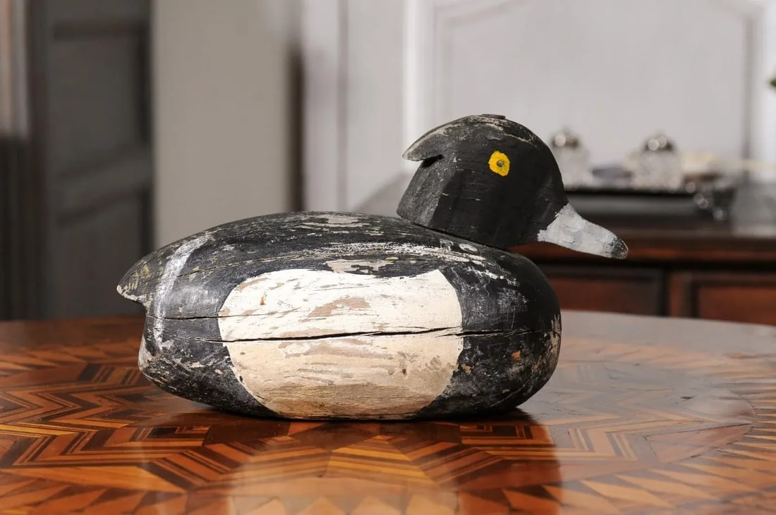 Rustic French 20th Century Carved Wooden Duck with Black, White and Yellow Paint - 7