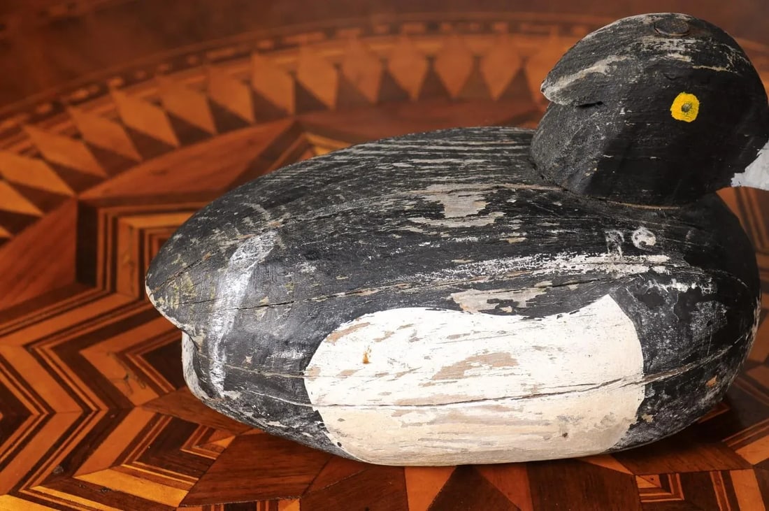 Rustic French 20th Century Carved Wooden Duck with Black, White and Yellow Paint - 9