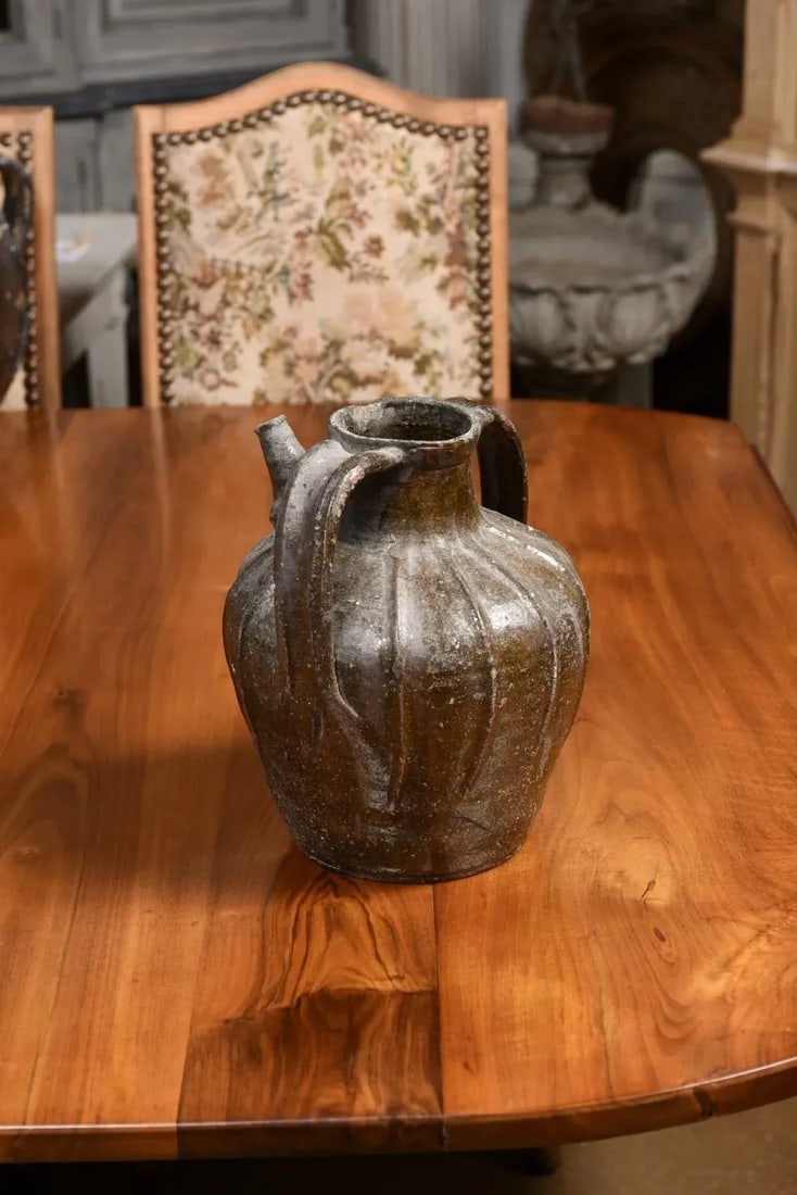 French Provincial 19th Century Glazed Pottery Pouring Jug with Two Handles - 12