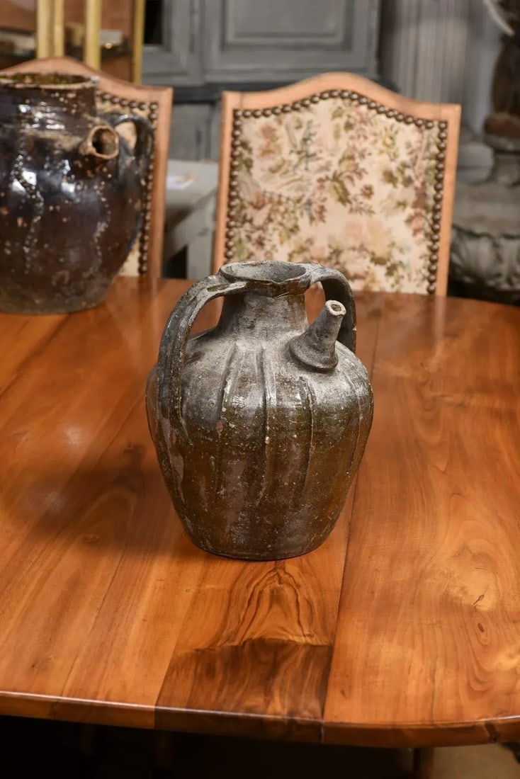 French Provincial 19th Century Glazed Pottery Pouring Jug with Two Handles - 6