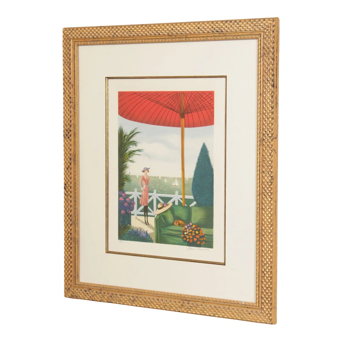 Late 20th Century Patio Overlooking the Sea Framed Print by Alain Bonnec: Quality Signed Print of a Woman on her Patio by Alain Bonnec (French, B. 1952), Signed Lower Right, Numbered 10/100 Lower Left Condition: Alterations: Original Condition Unaltered Imperfections: Some