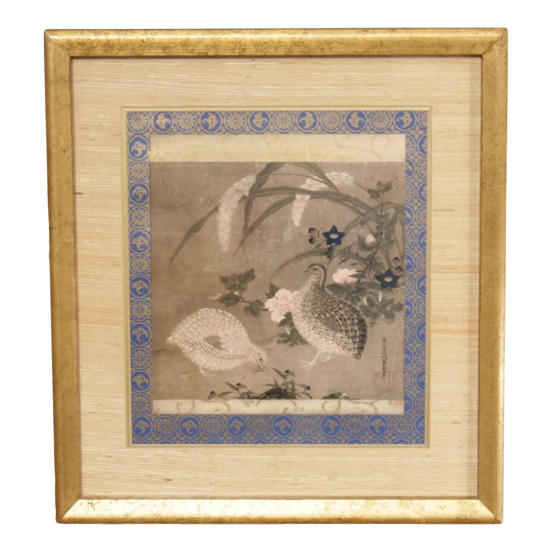 Vintage Tosa Mitsuoki 'Quails & Flowers' Framed Art Print: High Quality Custom Framed Quails and Flowers Print, by Tosa Mitsuoki (Japanese, 1617-1691) Condition: Alterations: Original Condition Unaltered Imperfections: Some Imperfections Condition Notes: