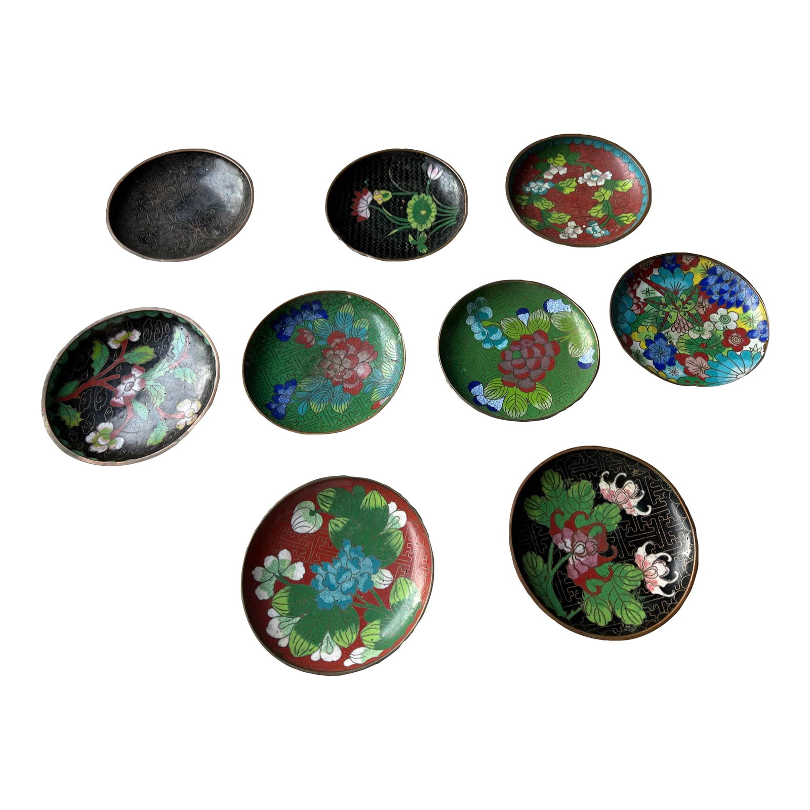 1970s Collection of Cloisinne Plates- Set of 9: Up for consideration is a beautiful set of small cloisinne decorative plates. These would look perfect in any home and they would also be great for the interior design enthusiast! Please check out my