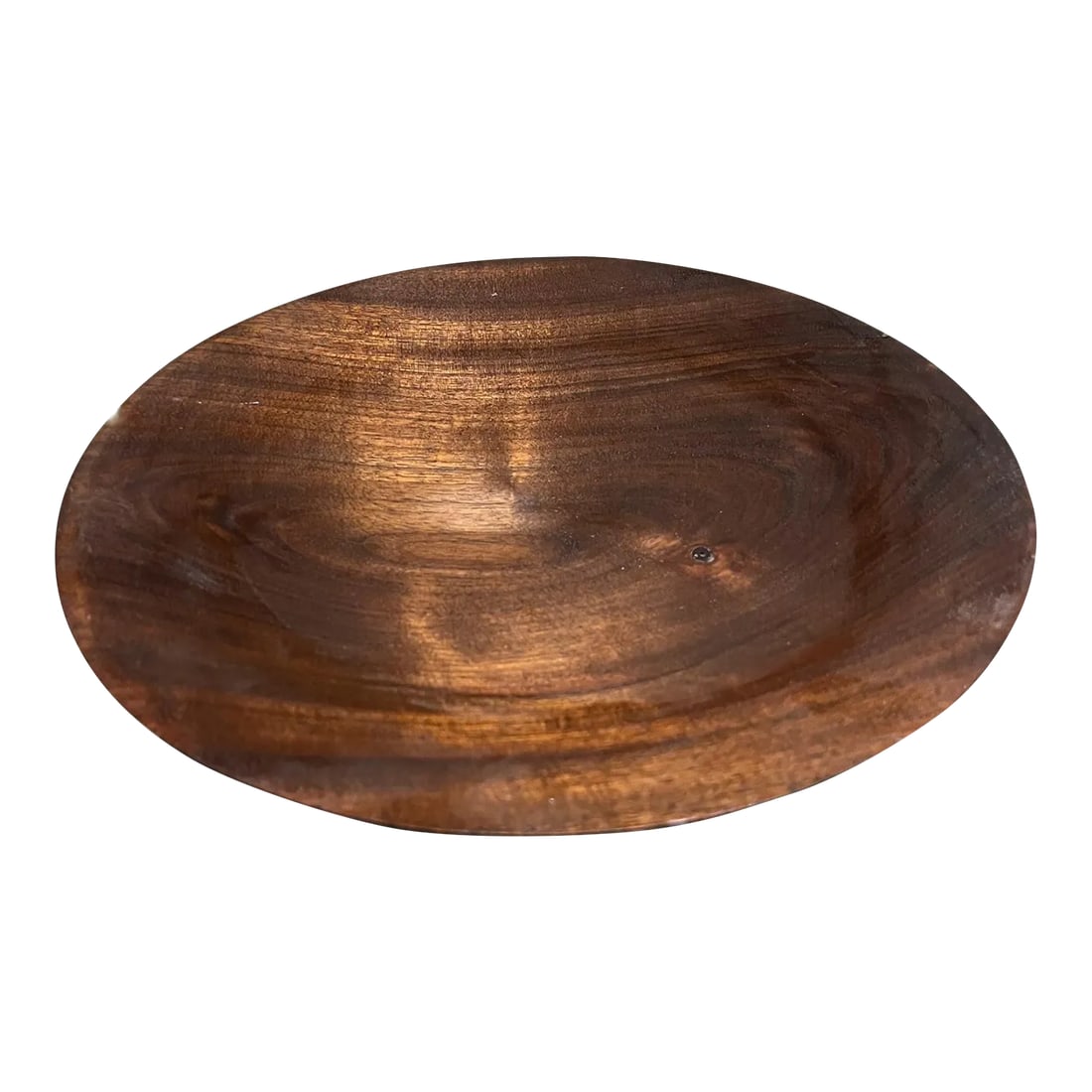 Midcentury Modern Decorative Bowl, Solid Walnut, Usa, Signed, 1960s: For your consideration, a mid-century modern decorative art plate in solid walnut wood. Artist's signature underneath. Unable to read. Made in the USA 1960s Dimensions: 2" H x 11.25" in diameter
